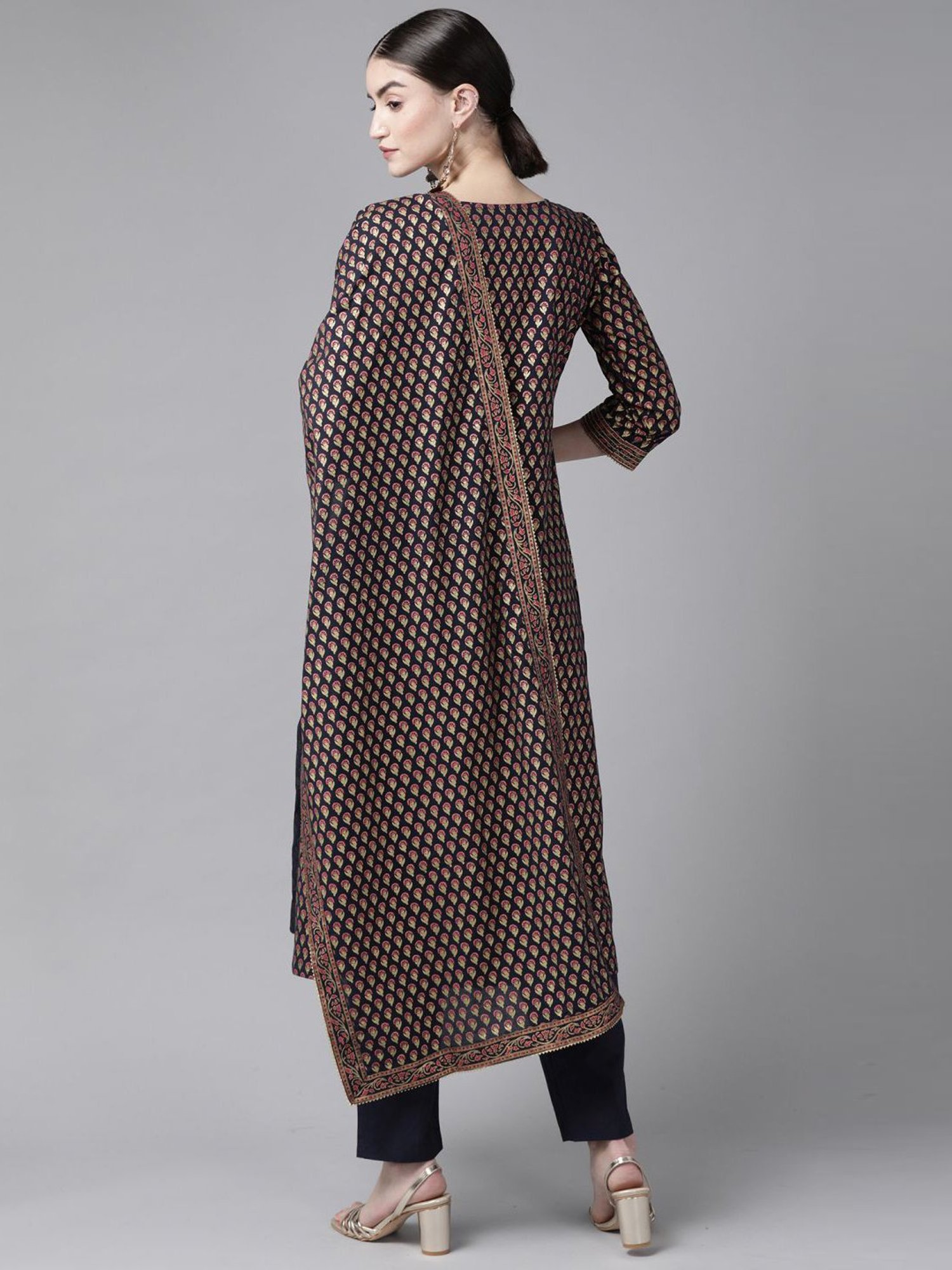 Indo Era Navy Printed Kurta Pant Set With Dupatta