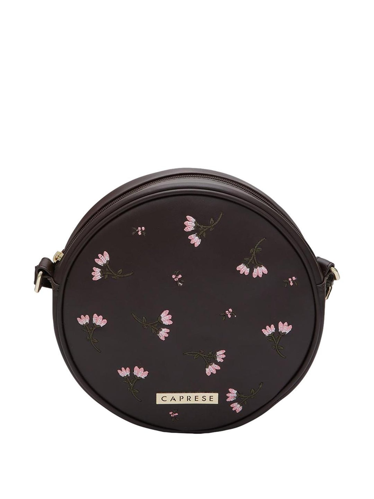 Caprese Dara Brown Faux Leather Embroidered Sling Handbag