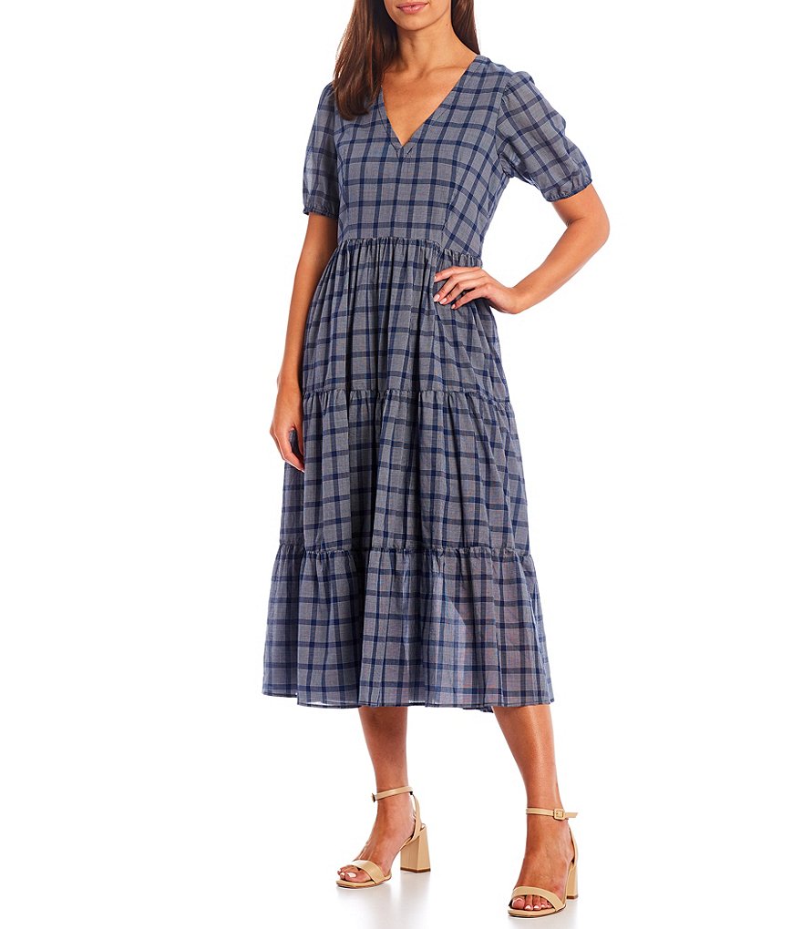 Pendleton Short Sleeve V-Neck Tiered Plaid Midi Dress