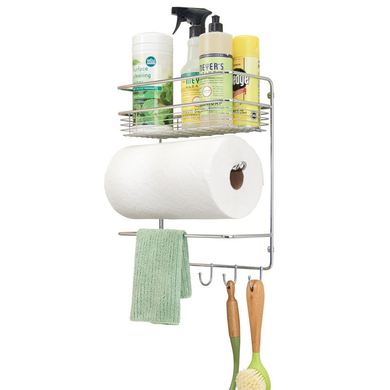 mDesign Metal Wall Mount Paper Towel Holder with Storage Shelf & Hooks - Chrome