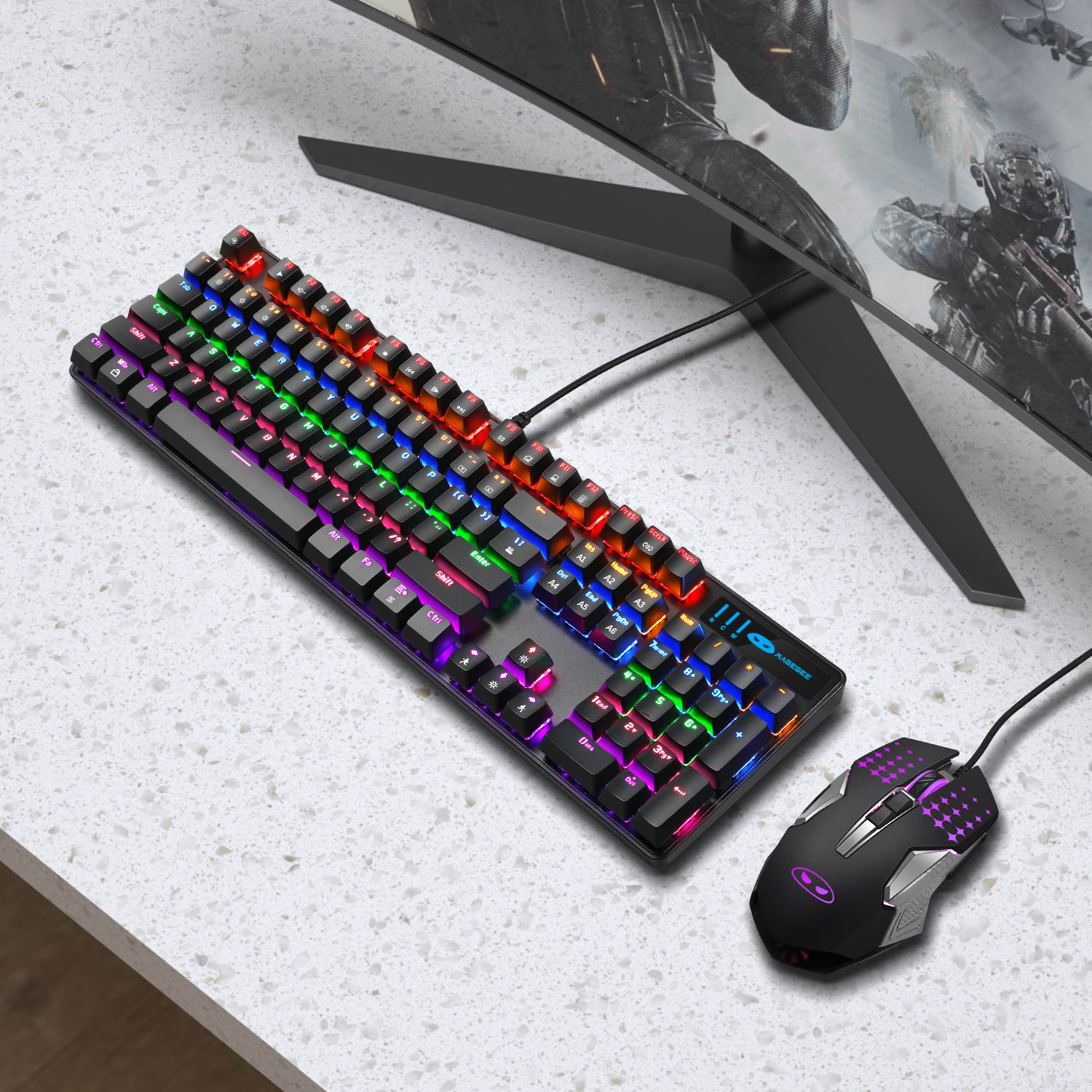 Mechanical Gaming Keyboard and Mouse Combo, MageGee MK-Storm 104 Keys Rainbow Backlit Keyboards, Black Switches, 7 Button Mouse Wired for PC Gamer Computer Laptop