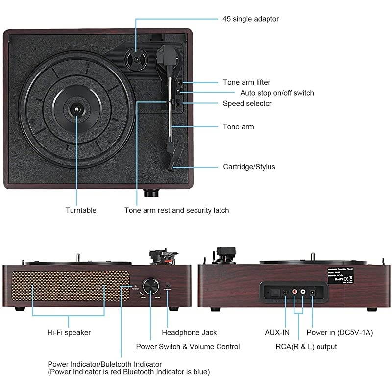 Record Player Belt-Driven 3-Speed Turntable, Vintage Vinyl Record Players Built-in Stereo Speakers, with Headphone Jack/ Aux Input/ RCA Line Out, Wooden (Brown)