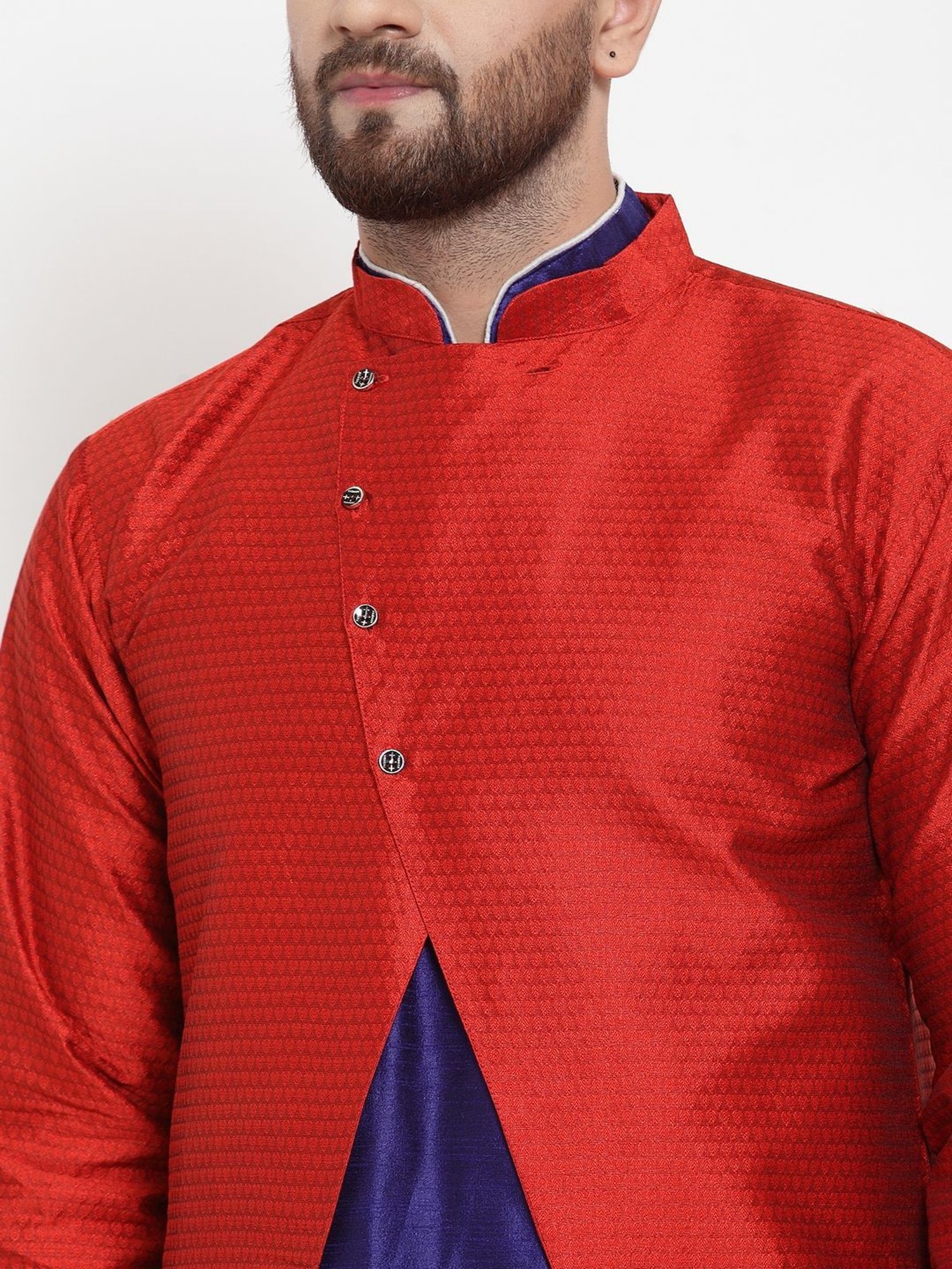 Benstoke Royal Blue & Red Regular Fit Self Pattern Kurta Set With Jacket