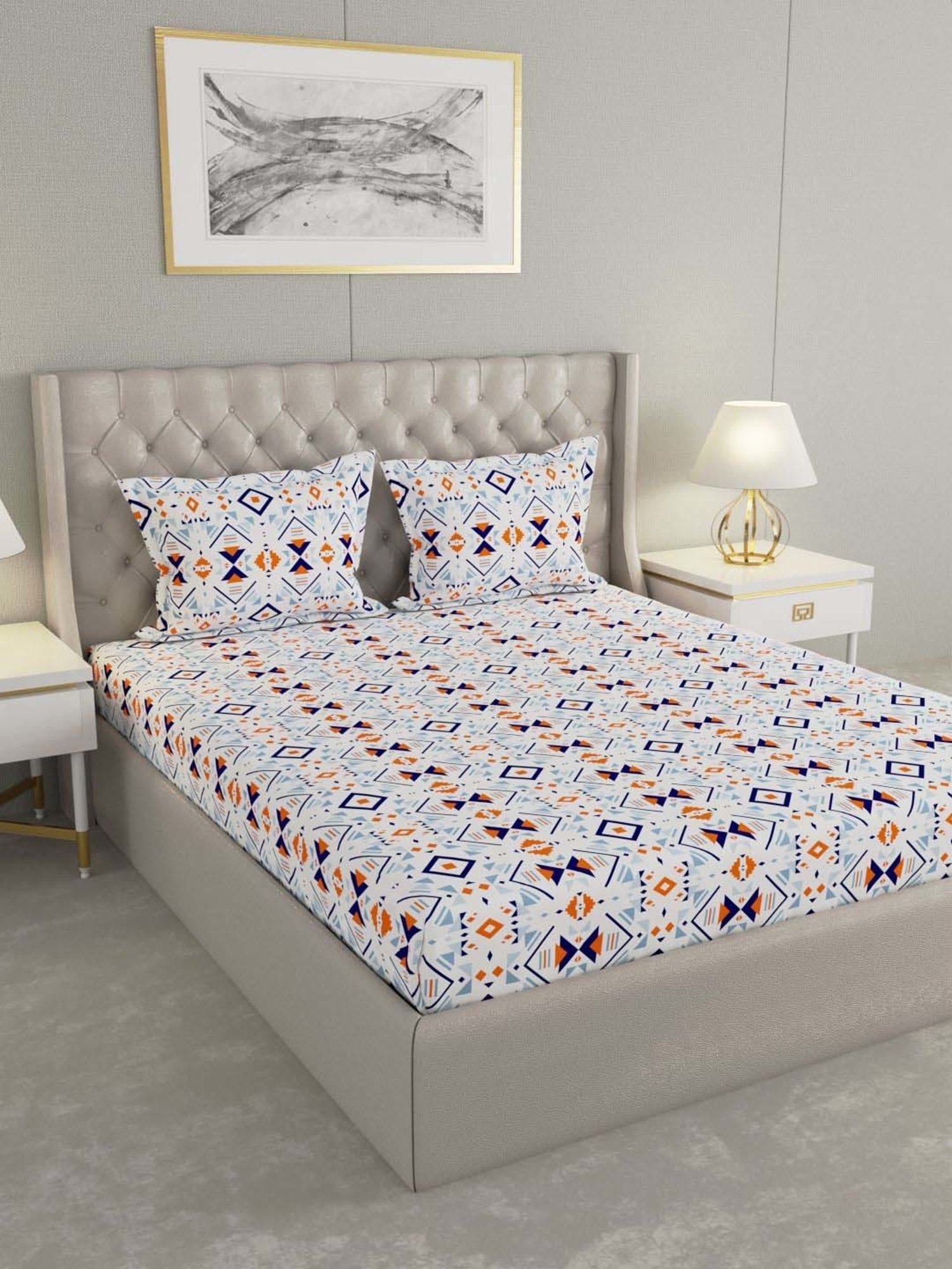 Raymond Home Shubham White & Blue 120 TC Cotton King Bedsheet with 2 Pillow Covers