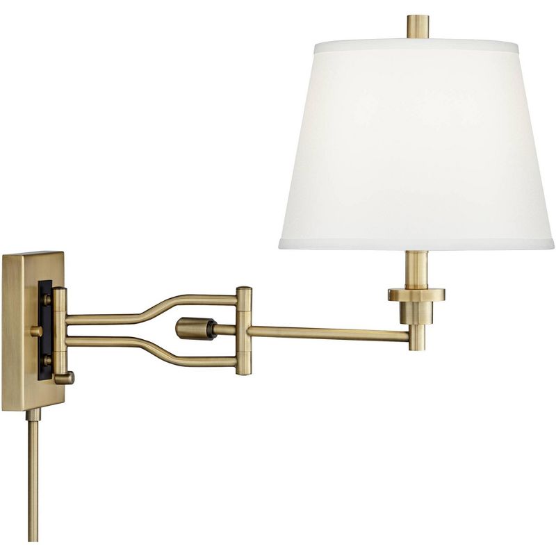 Barnes and Ivy Modern Swing Arm Wall Lamp Brushed Satin Brass Plug-In Light Fixture White Linen Empire Shade for Bedroom Bedside