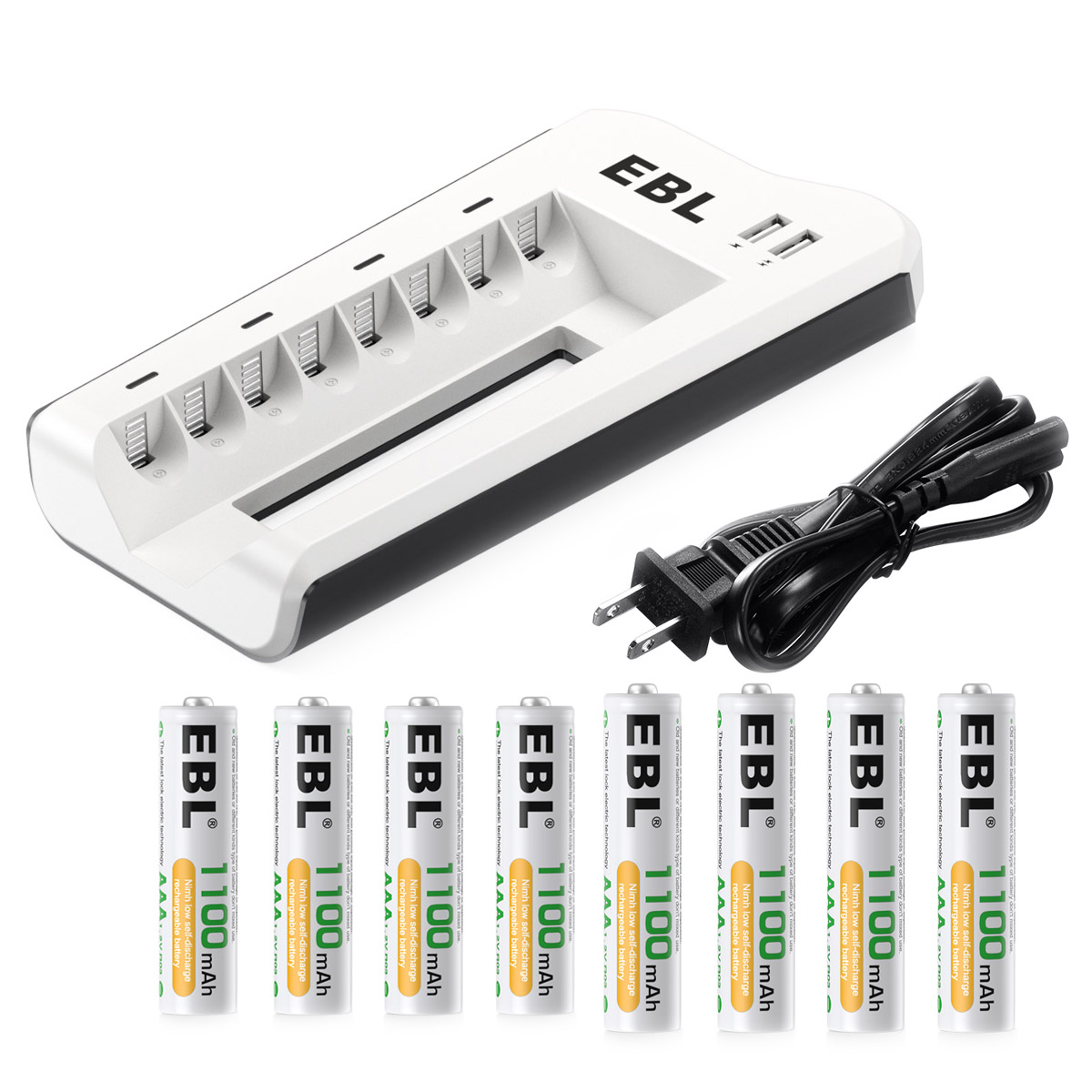 EBL 8pcs AAA Ni-MH Rechargeable 1100mAh Batteries + Battery Charger for AA/AAA Batteries with 808U Battery Charger Build-in Dual USB Charging Ports