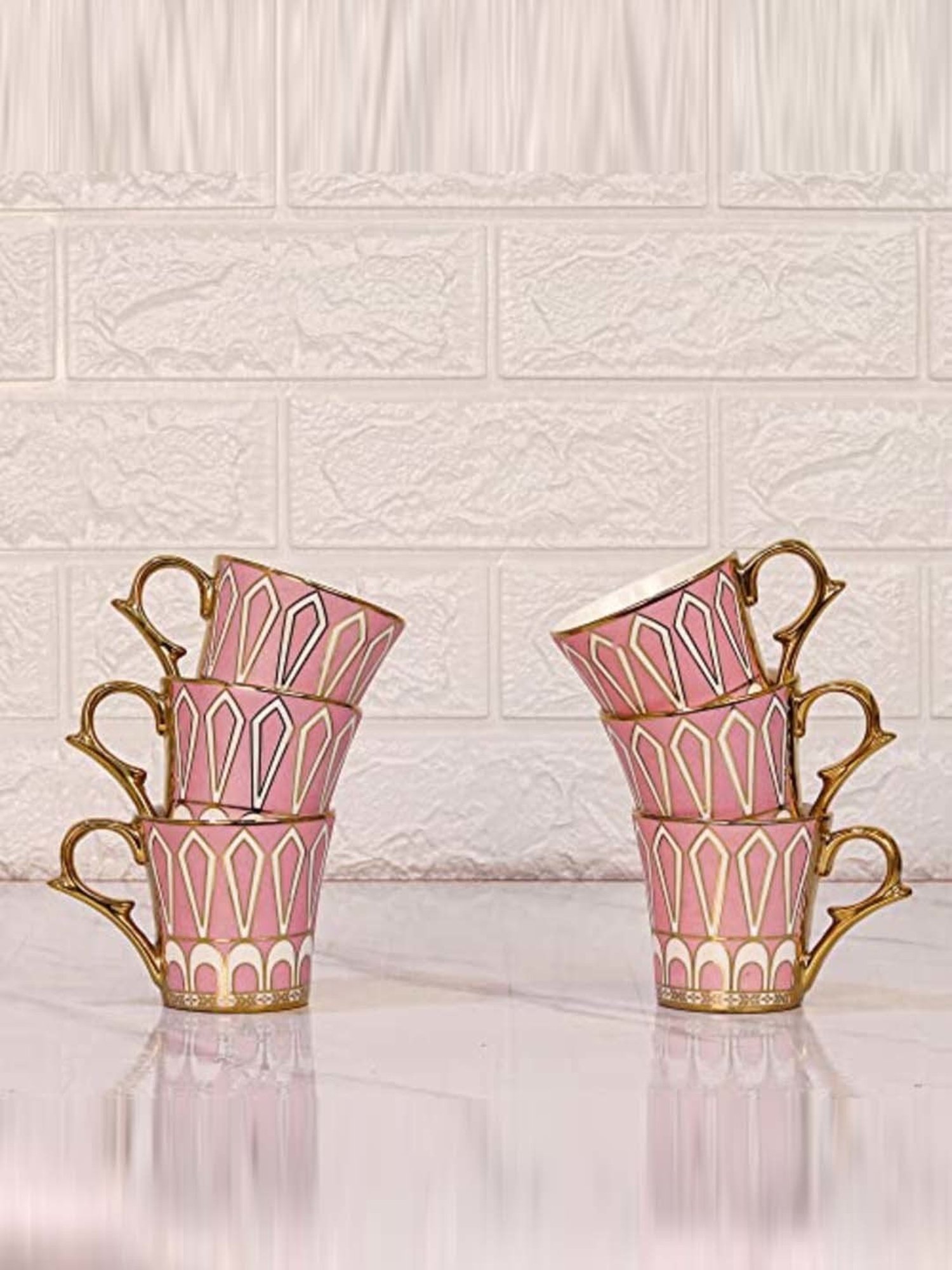 Femora Pink Ceramic Dropped U Scale Golden Tea Mugs (0.16 L) - Set of 6
