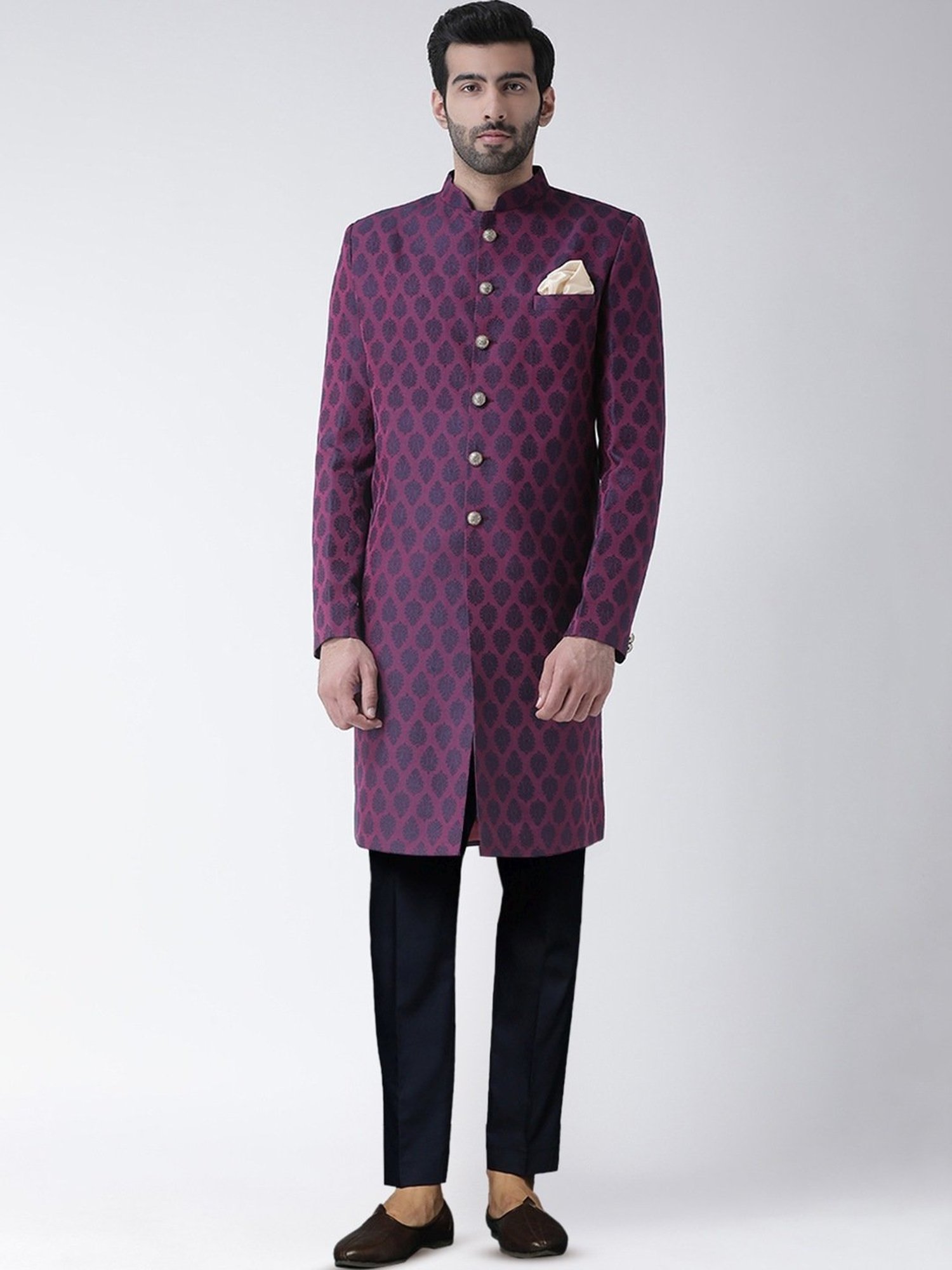 Hangup Plus Beige & Black Regular Fit Printed Sherwani Set