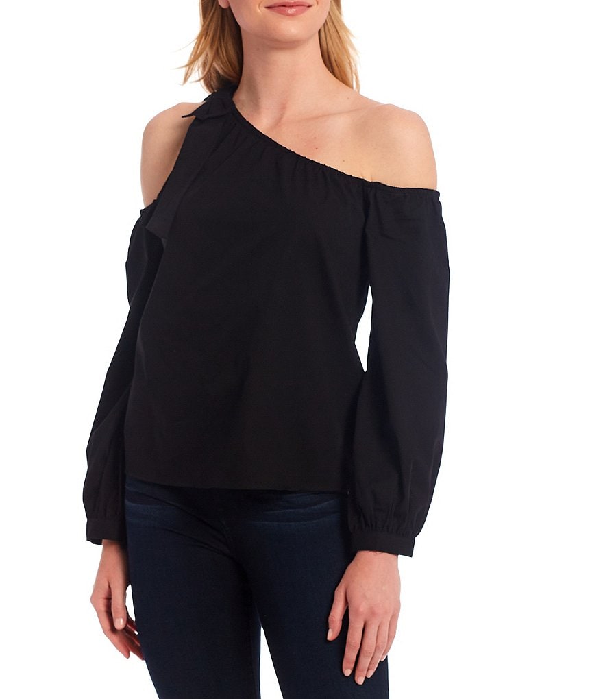 CeCe One Shoulder Long Sleeve Poplin Blouse