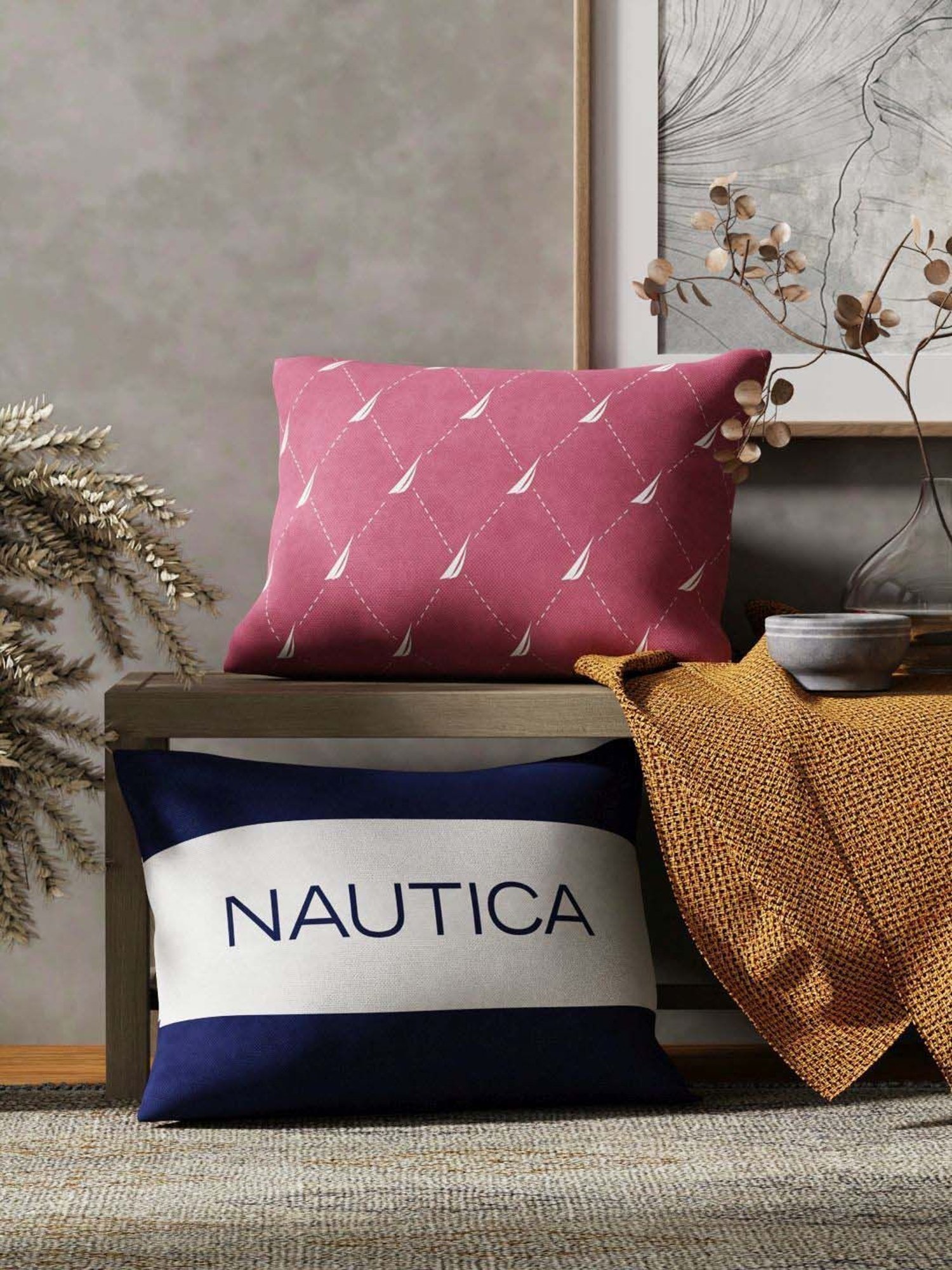 Nautica Logo Stripe Dull Pink & Navy Microfibre 300 GSM Premium Cushion Covers - Set of 2