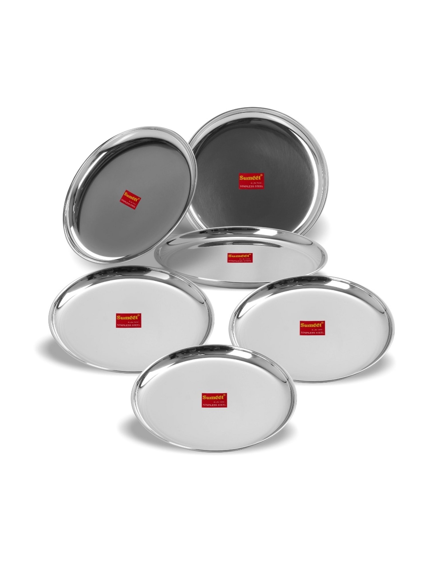 Sumeet Stainless Steel Heavy Gauge Shallow Dinner Plates with Mirror Finish 23.3cm Dia - Set of 6pc
