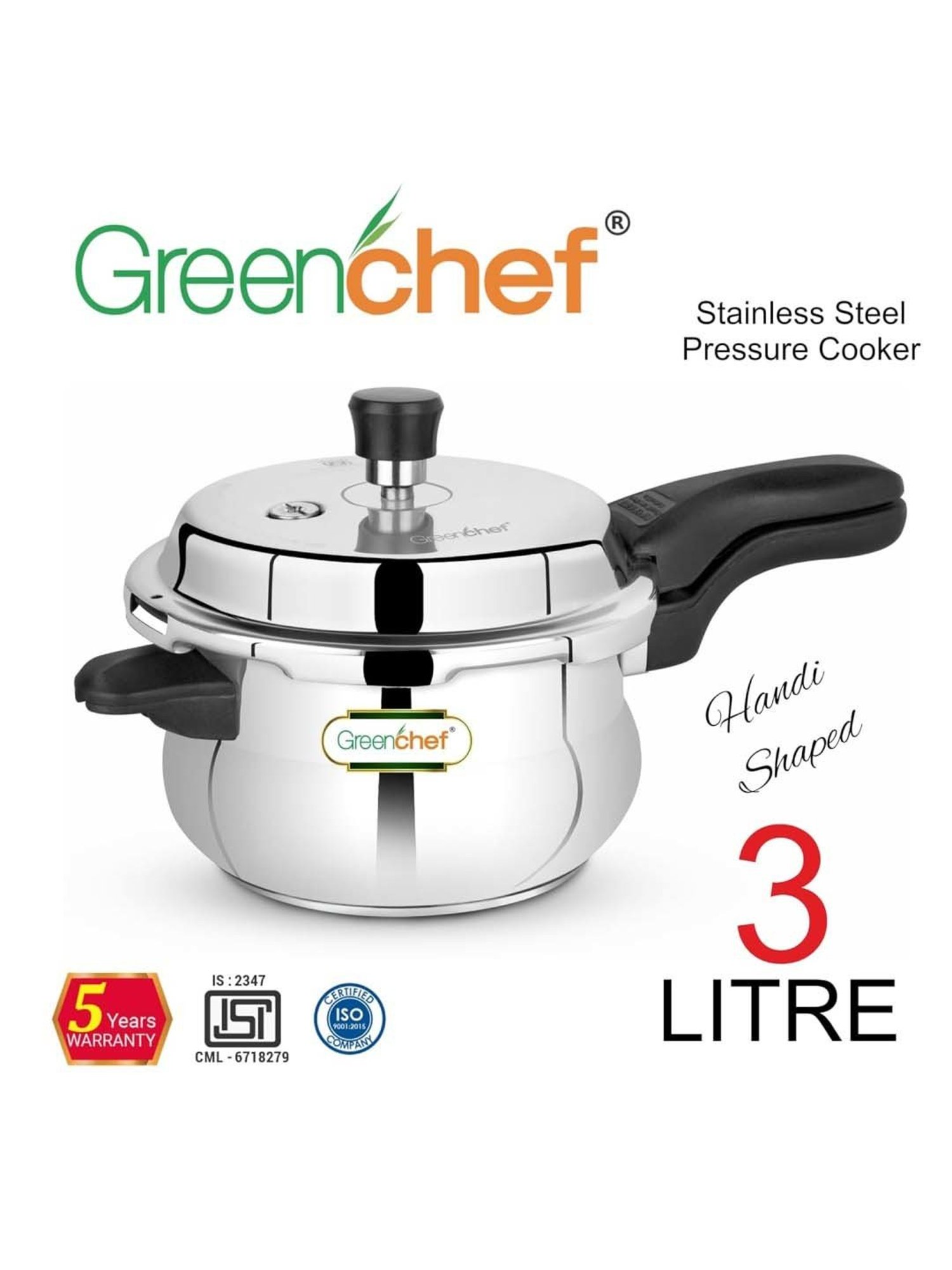 Greenchef Classic Curve Silver Stainless Steel Induction Bottom Pressure Cooker (3 L)