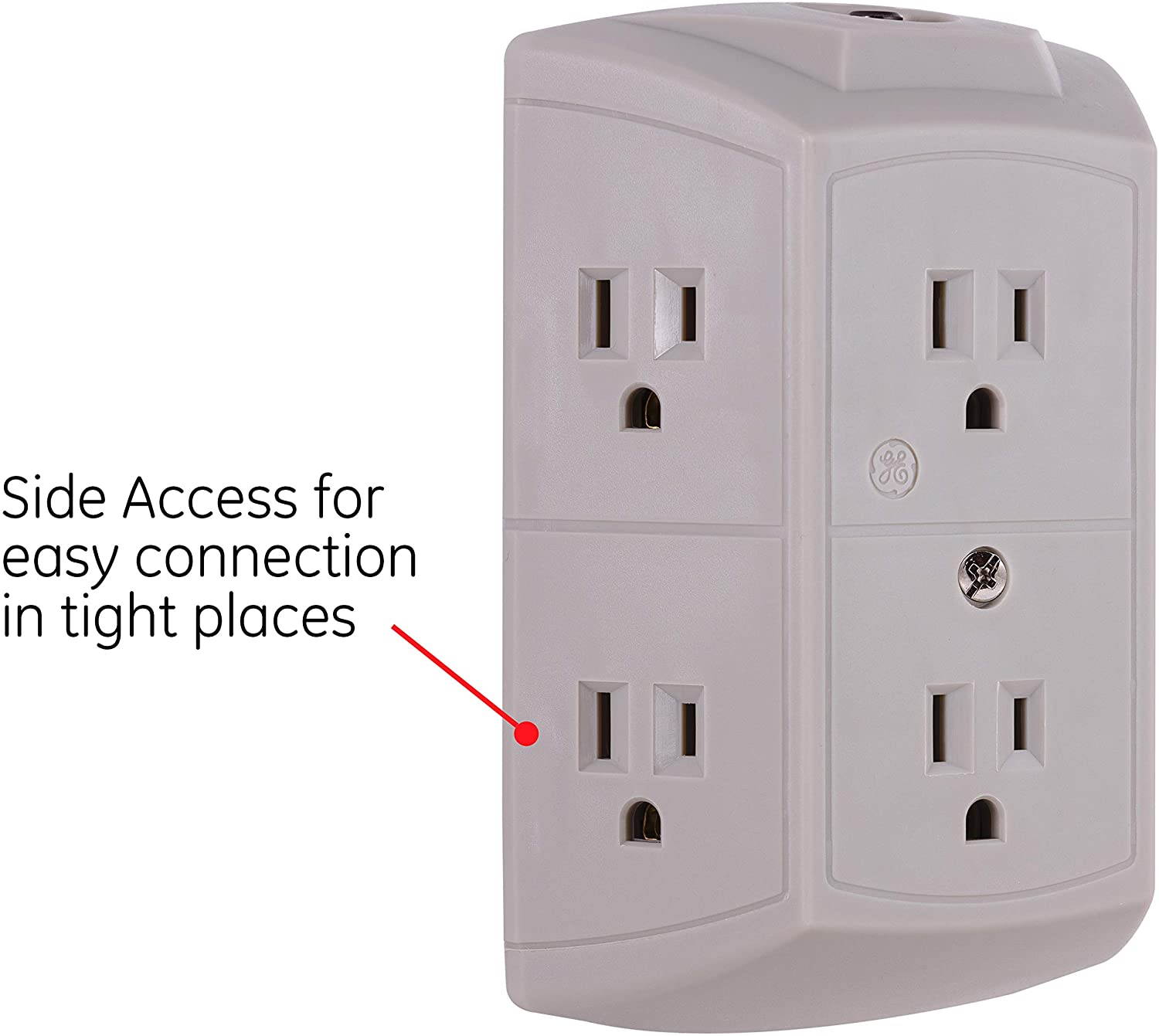 GE Pro 6 Outlet Surge Protector Adapter Spaced Tap, 3-Prong Power Strip, Charging Station, Side Access, White, 43648