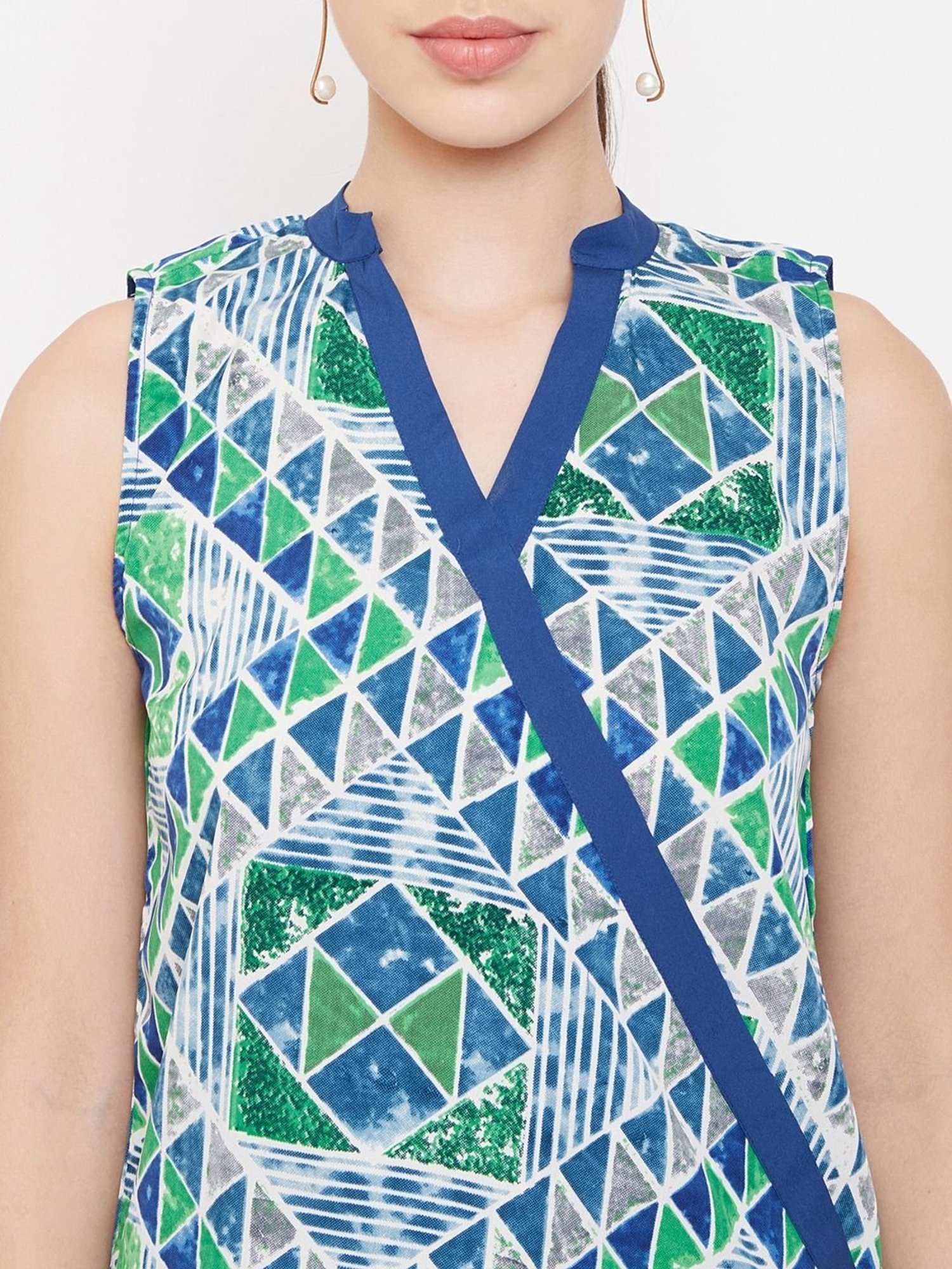 PURYS Blue Geometric Print Top