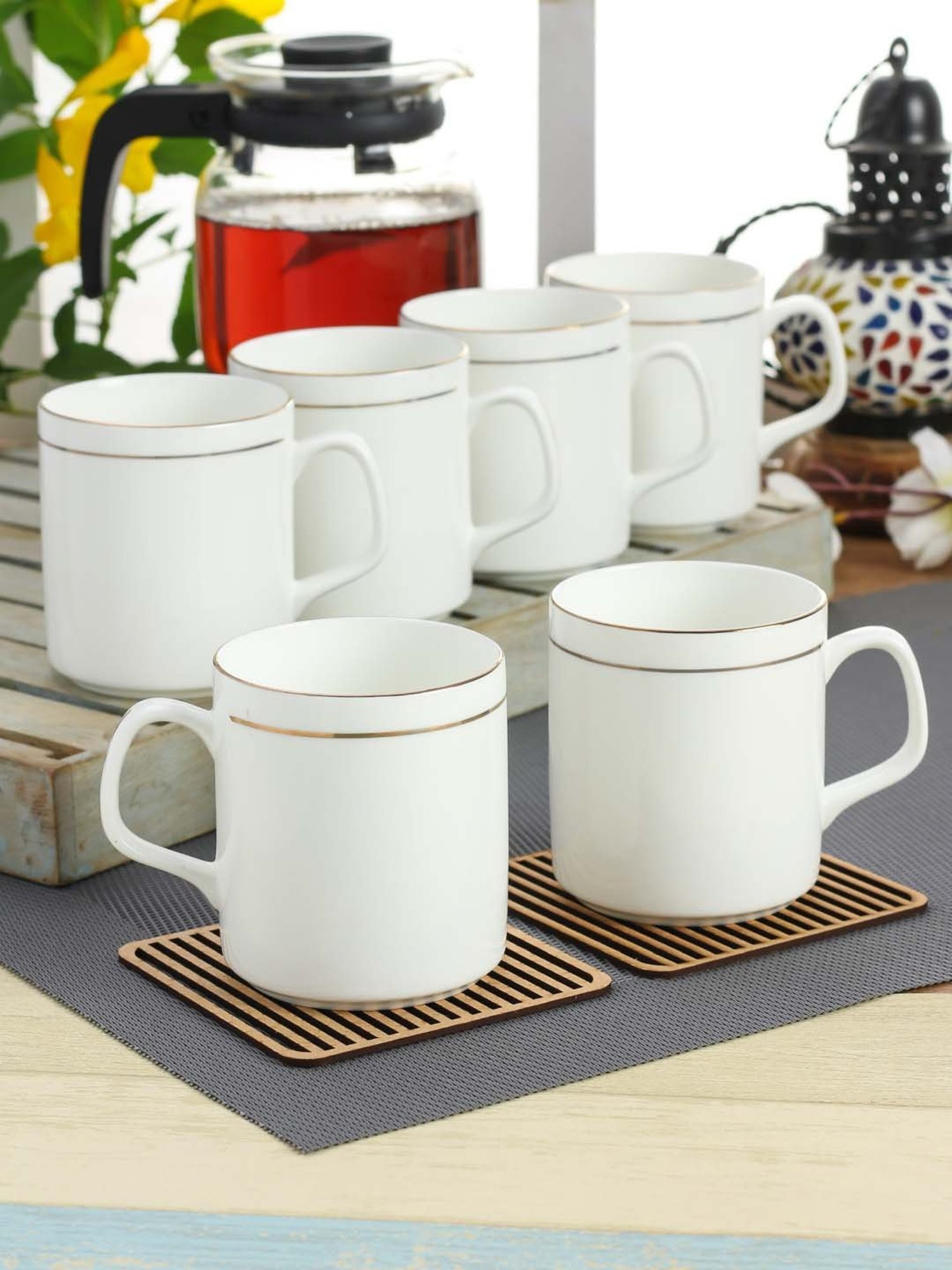 Clay Craft White & Gold Fine Ceramic Coffee & Tea Mugs (220 ml) - Set of 6