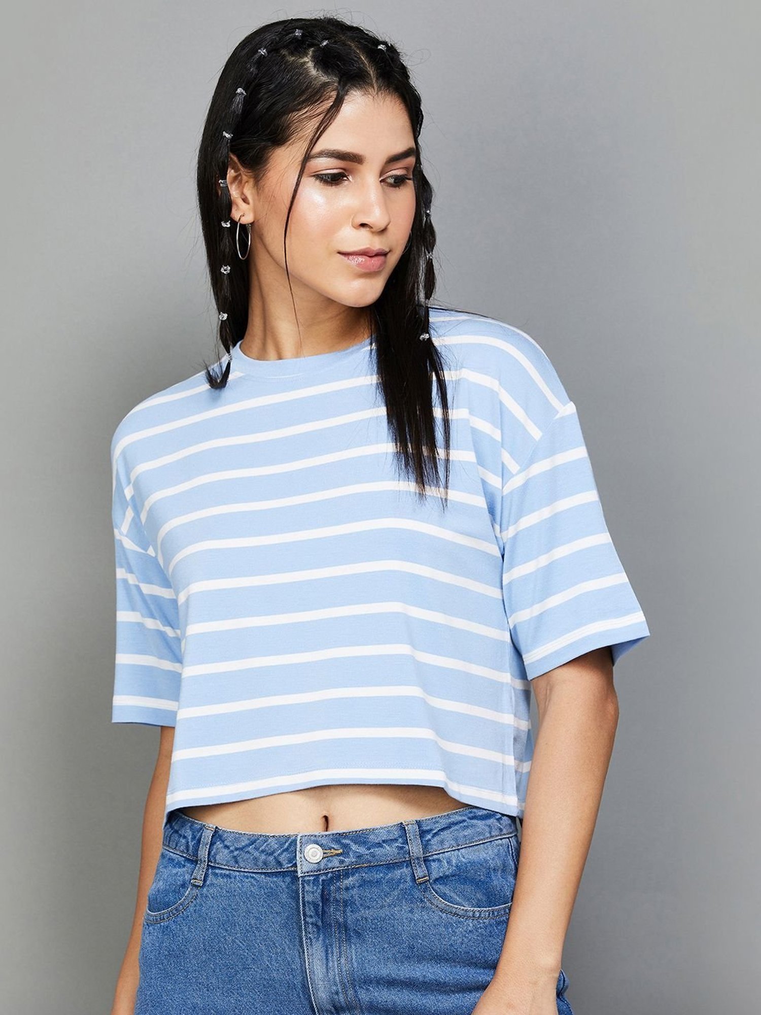 Ginger by Lifestyle Blue Striped Crop Top