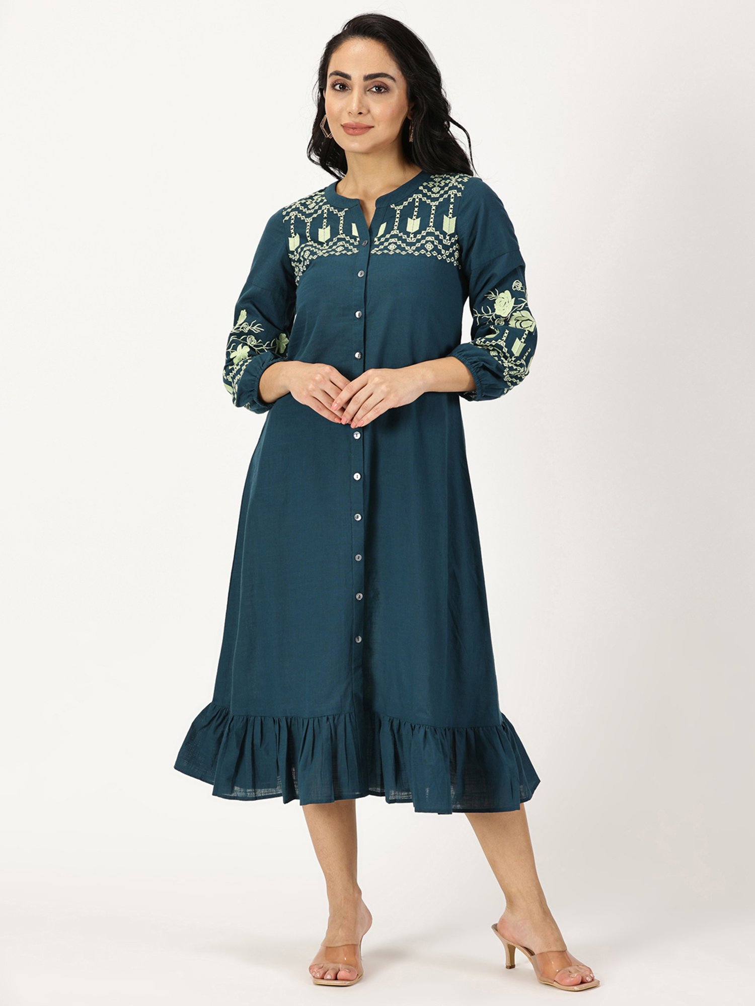 Saffron Threads Teal Cotton Embroidered Ethnic Dress