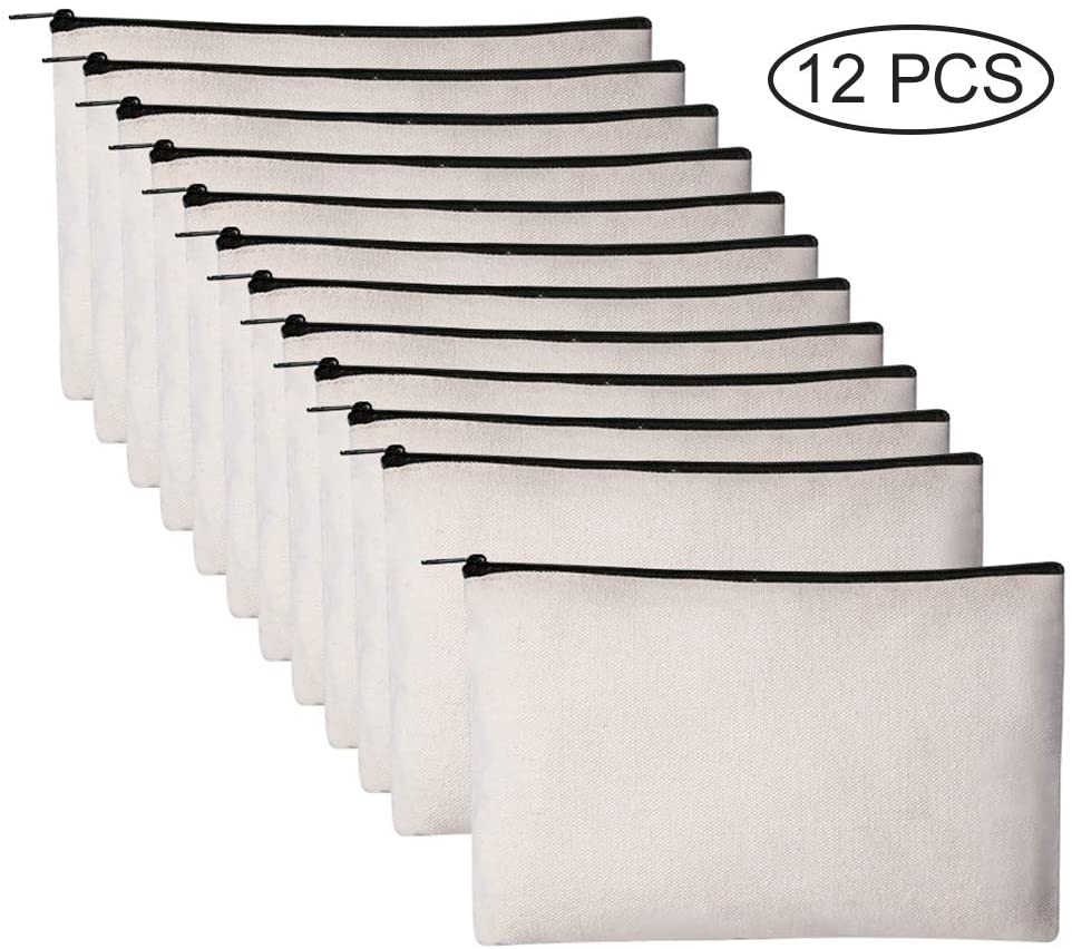 12 Pack Canvas Pencil Pouch DIY Craft Blank Makeup Bags with Zipper Bulk Multipurpose Cosmetic Travel Toiletry Bag 8 x 5 inches