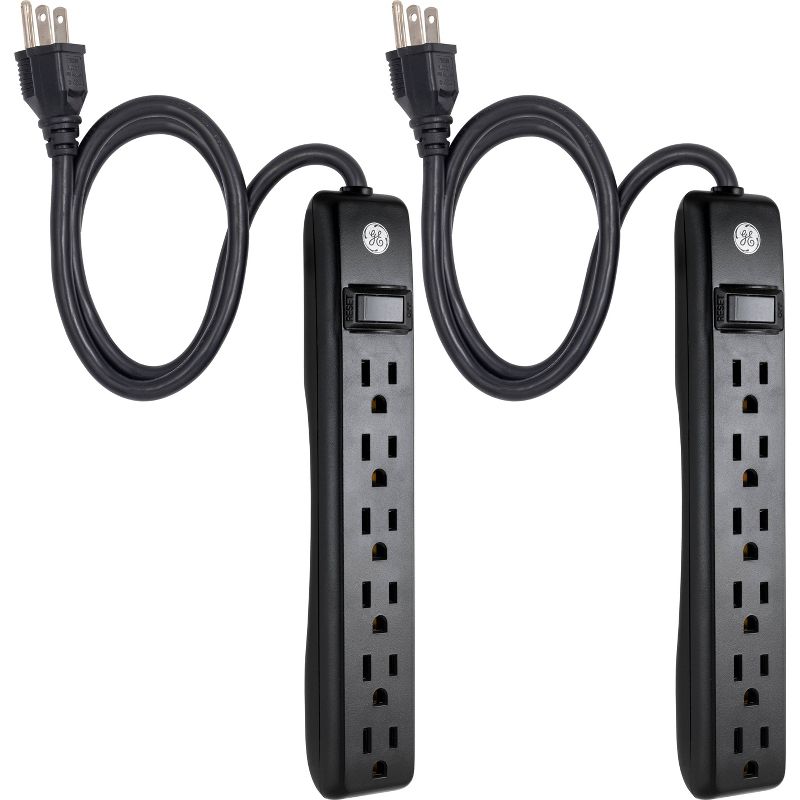 General Electric 2pk 3' Extension Cord With 6 Outlet Surge Protector Black