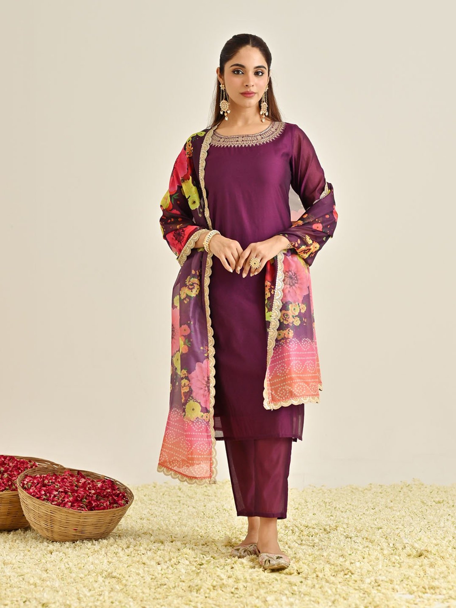 Rustorange Purple Embroidered Kurta With Pant & Dupatta