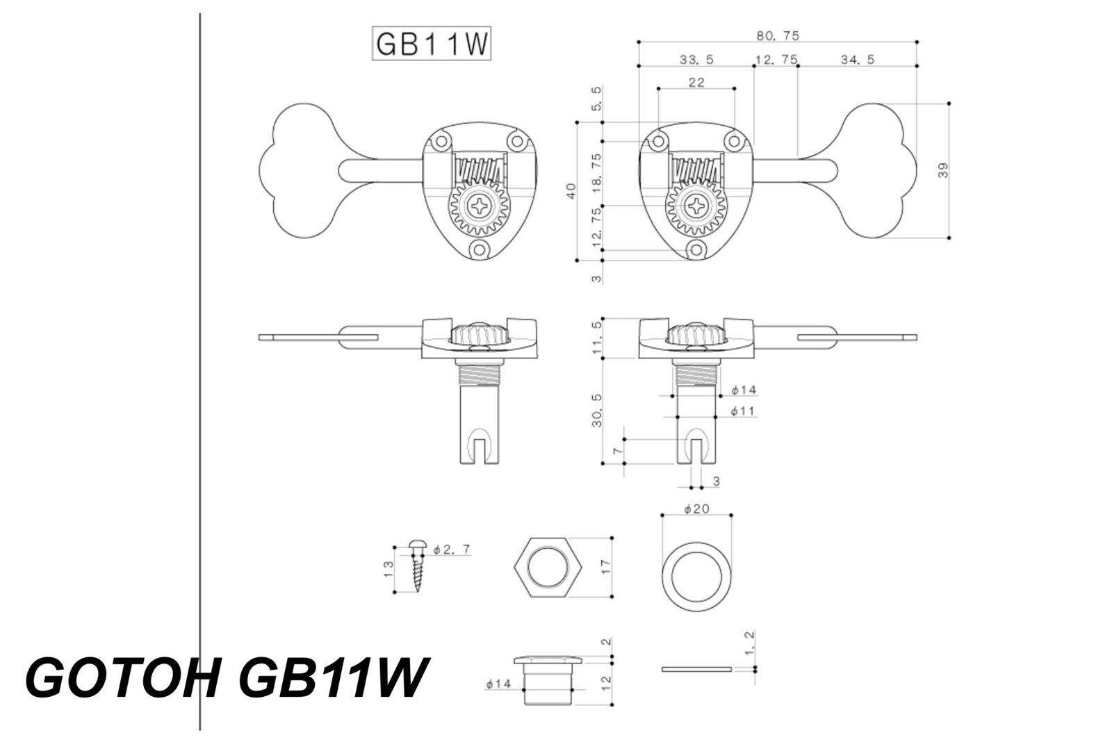GOTOH GB11W Bass Tuning Machines Tuner - Cast Open Gear - 2L x 2R - Black