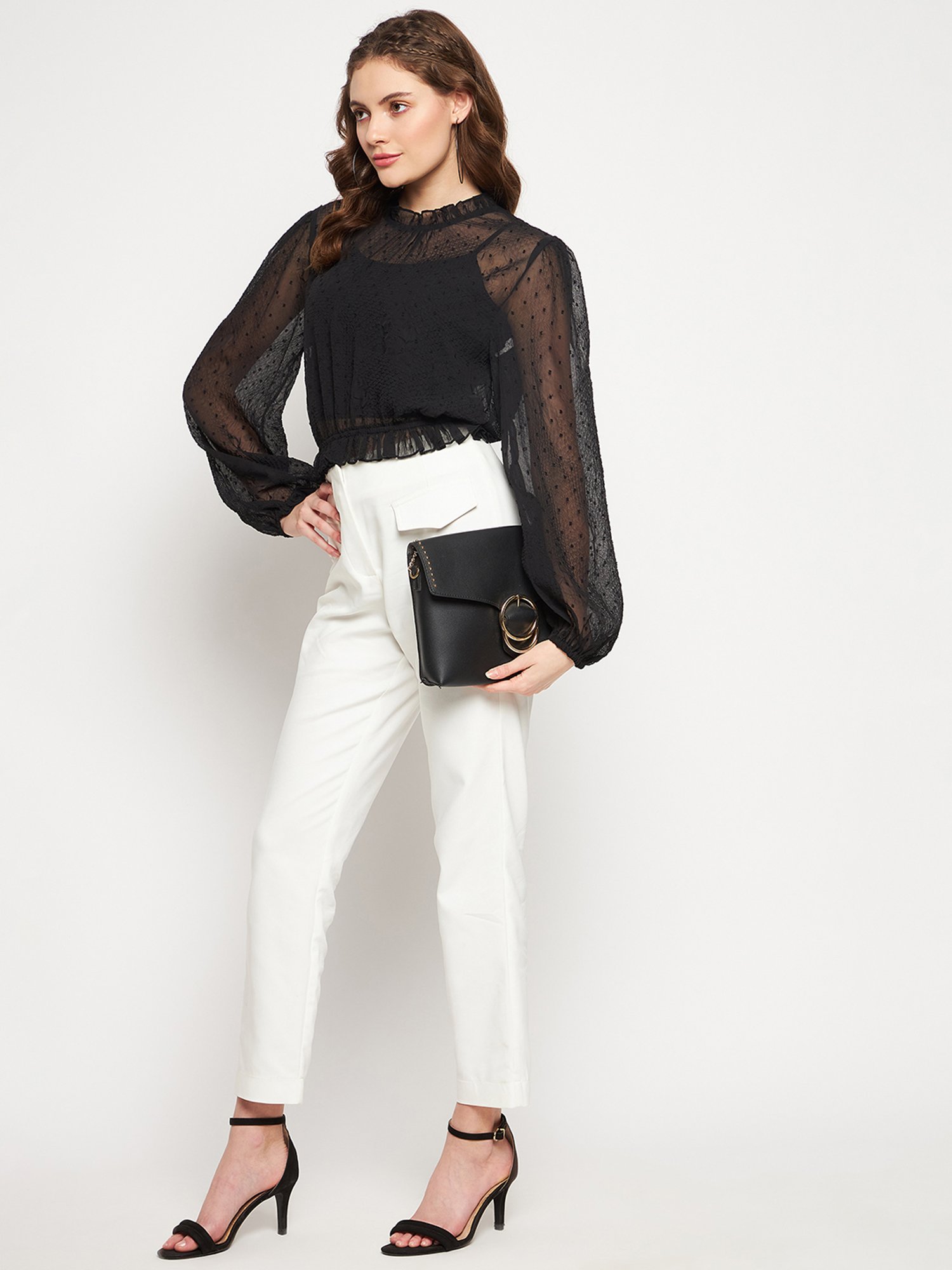 MADAME Black Self Design Crop Top