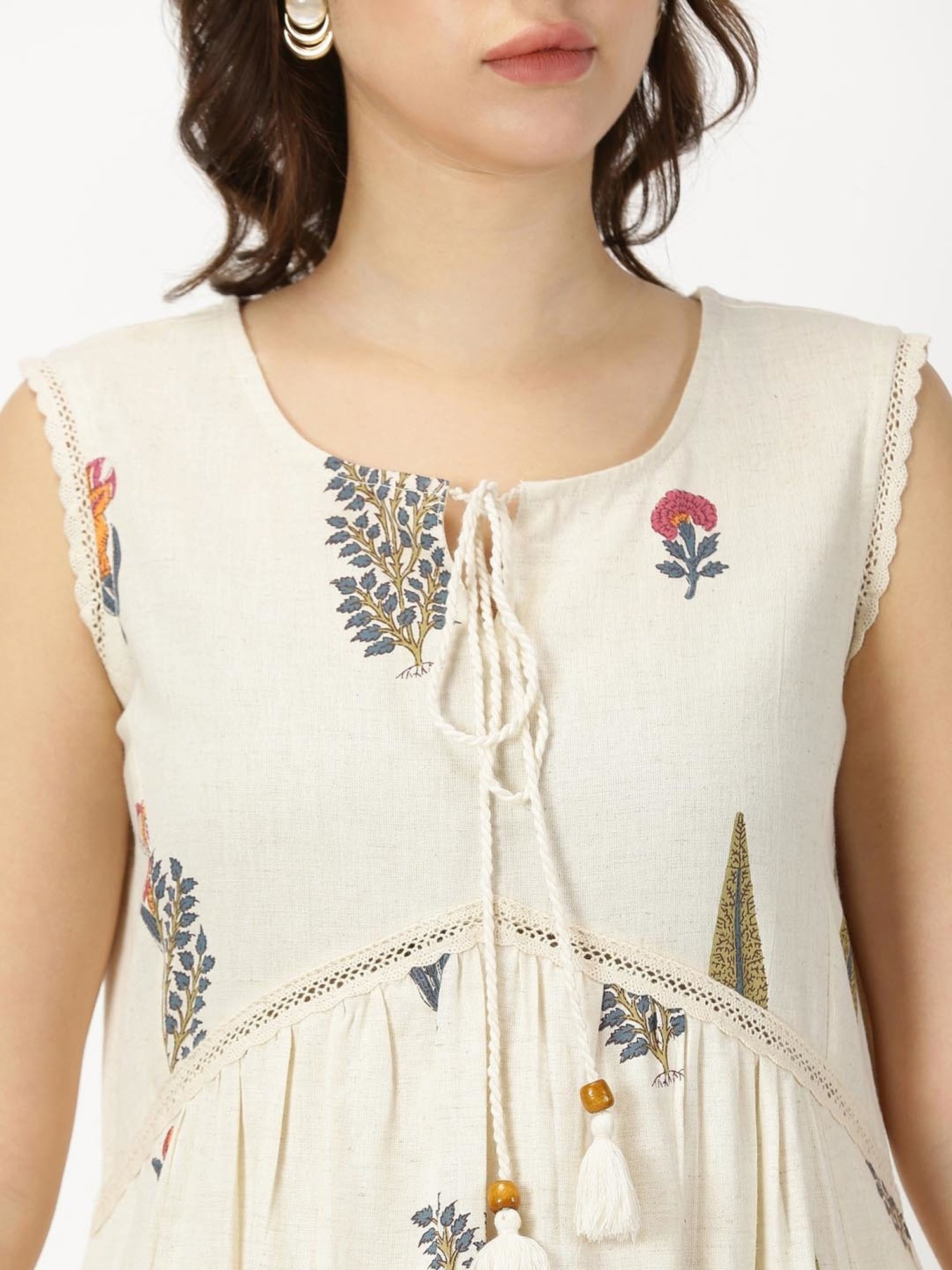 Saffron Threads Off White Cotton Floral Print Ethnic Dress