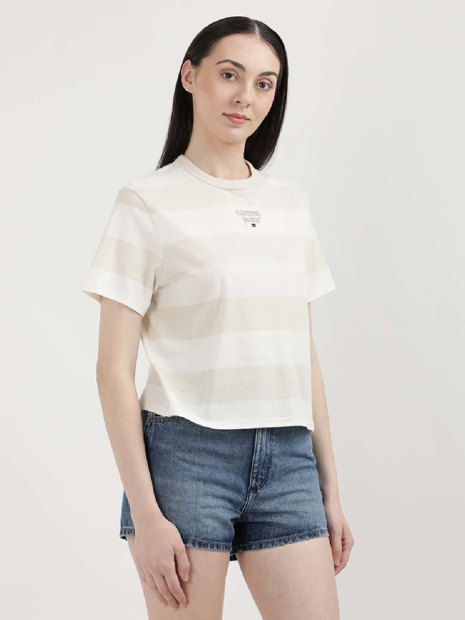 TOMMY HILFIGER Beige & White Cotton Color-Block T-Shirt