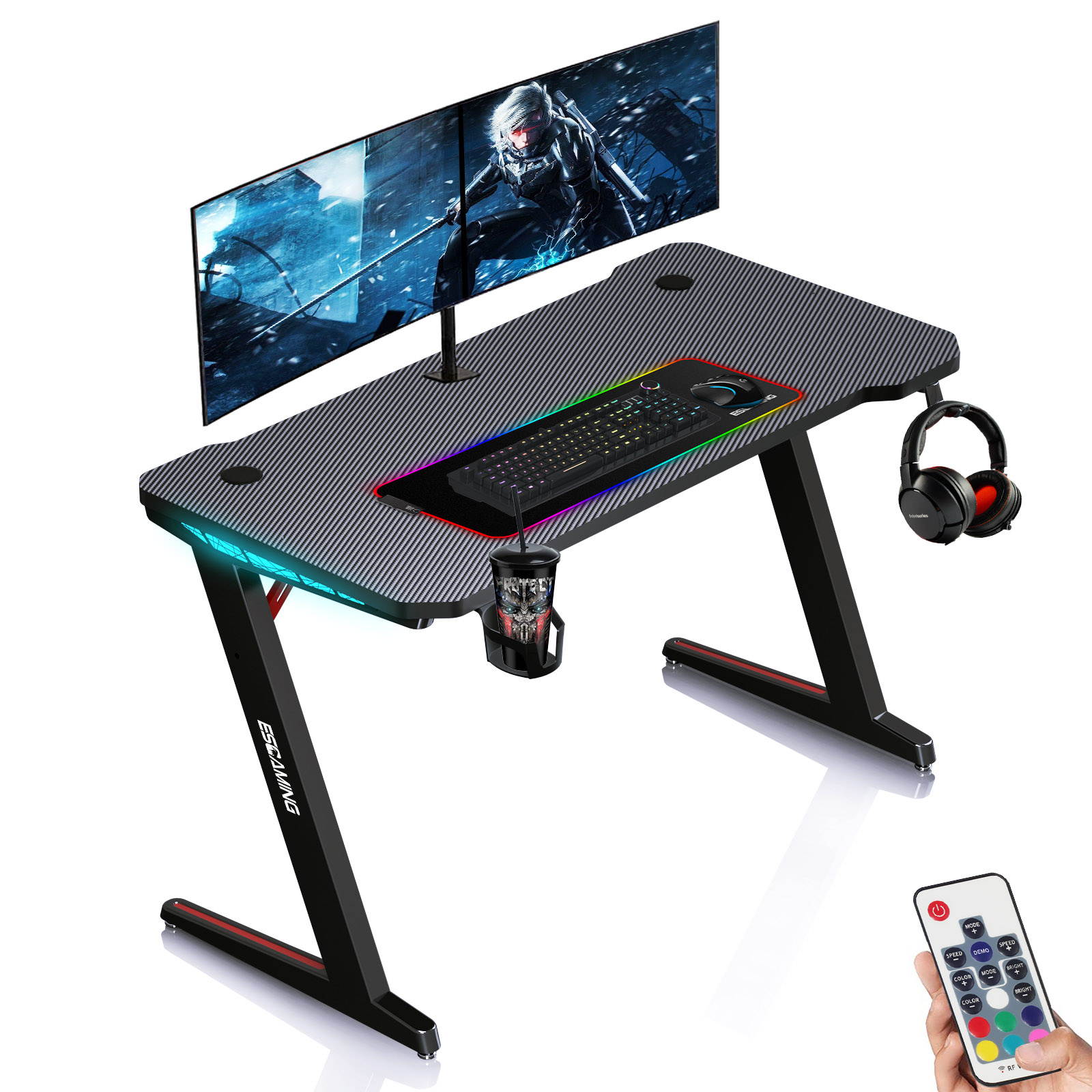 ESGAMING 1.3mm thickness Steel 47.3 Inch Gaming Desk with RGB Lights Controller with Cup Holder, Headphone Hook and Socket Rack