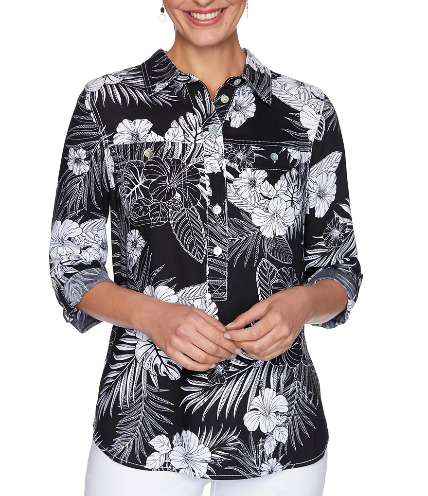 Eva Varro Animal Print Knit Jersey 3/4 Slit Sleeve Tunic