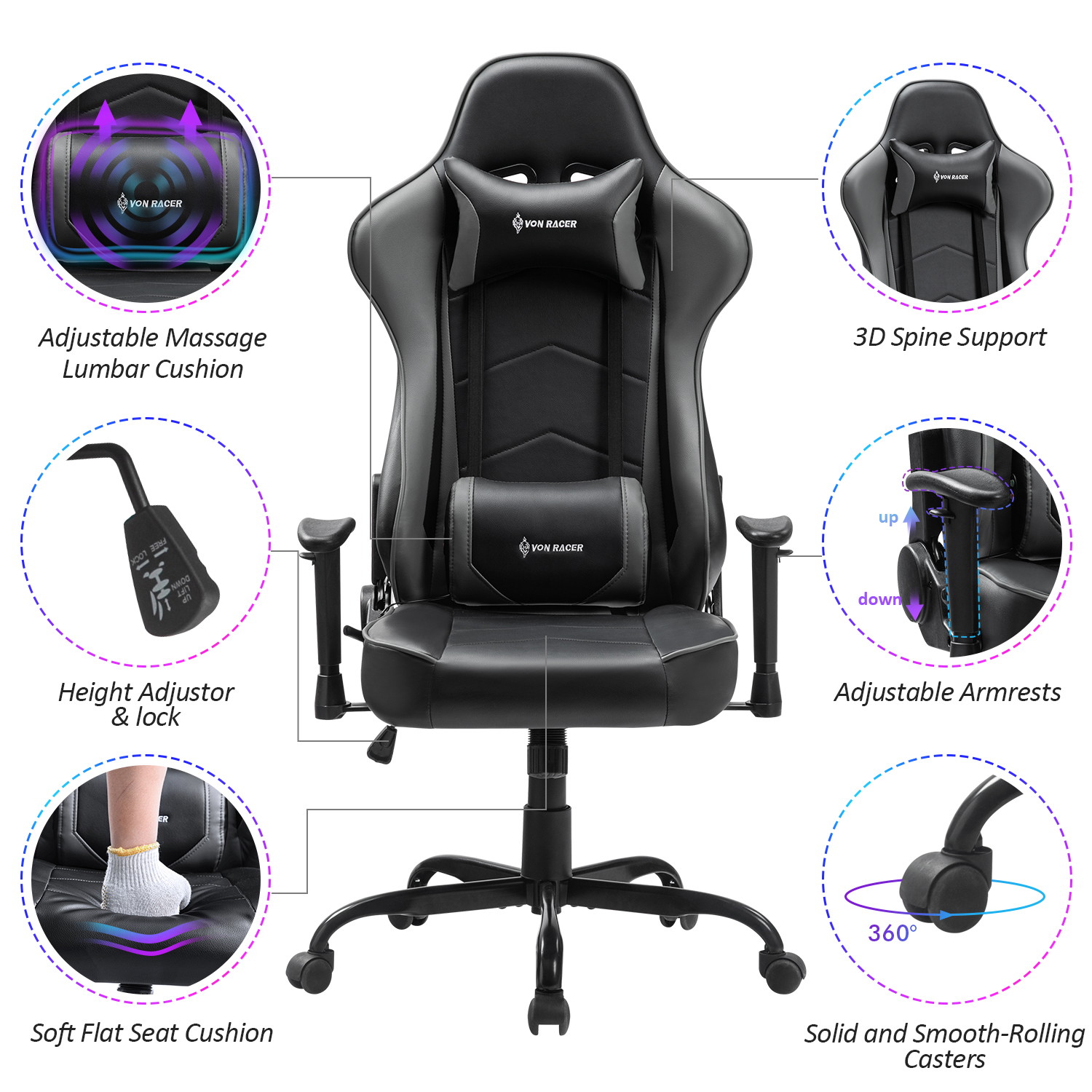 Gaming Chair, Racing Style Computer Desk Chair Padded Armrests Ergonomic Lumbar Support Adjustable Height