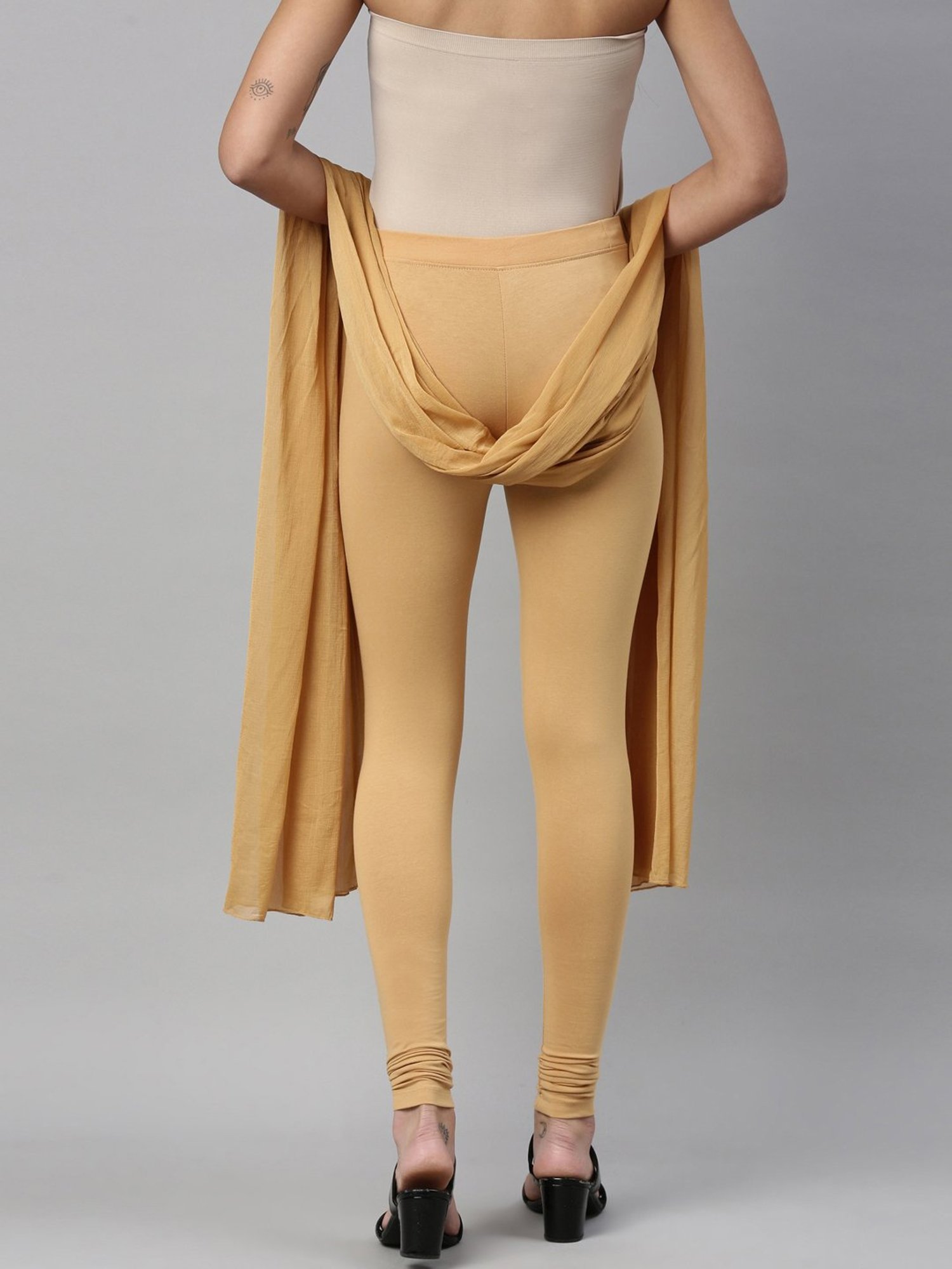 TWIN BIRDS Beige Cotton Leggings With Dupatta