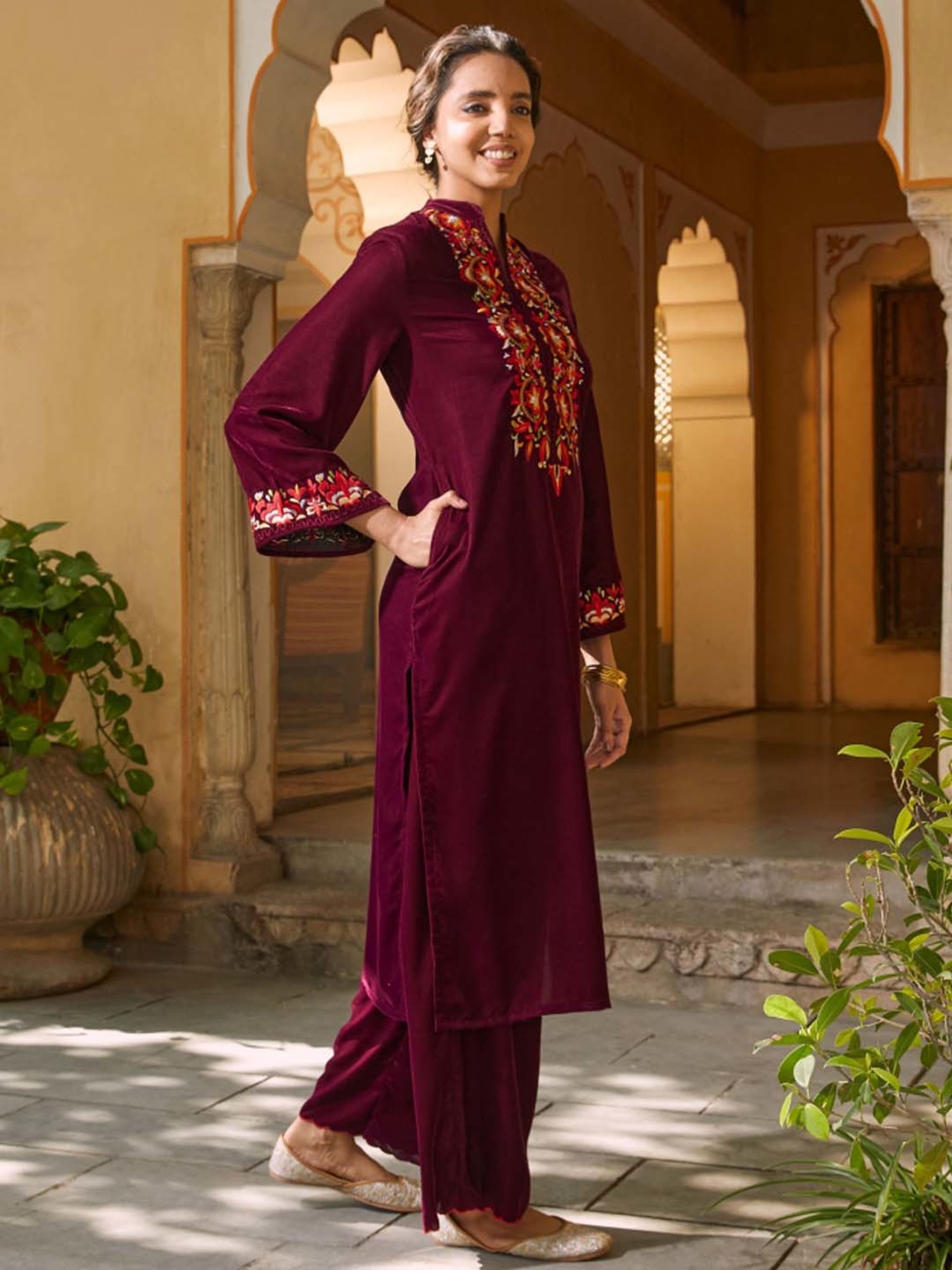 Rustorange Pink Embroidered Kurta Pant Set