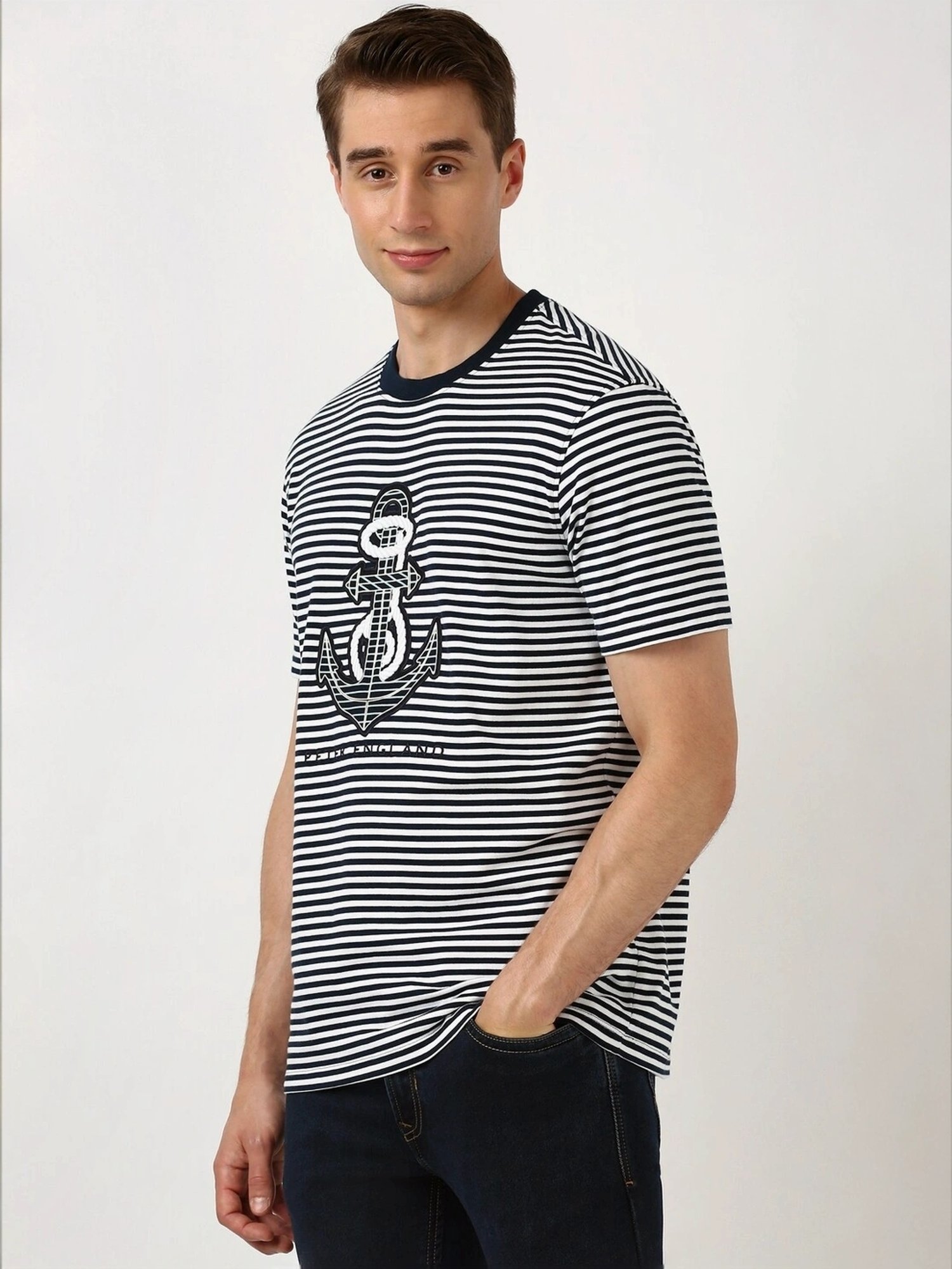 Peter England Multicolored Regular Fit Striped T-Shirt
