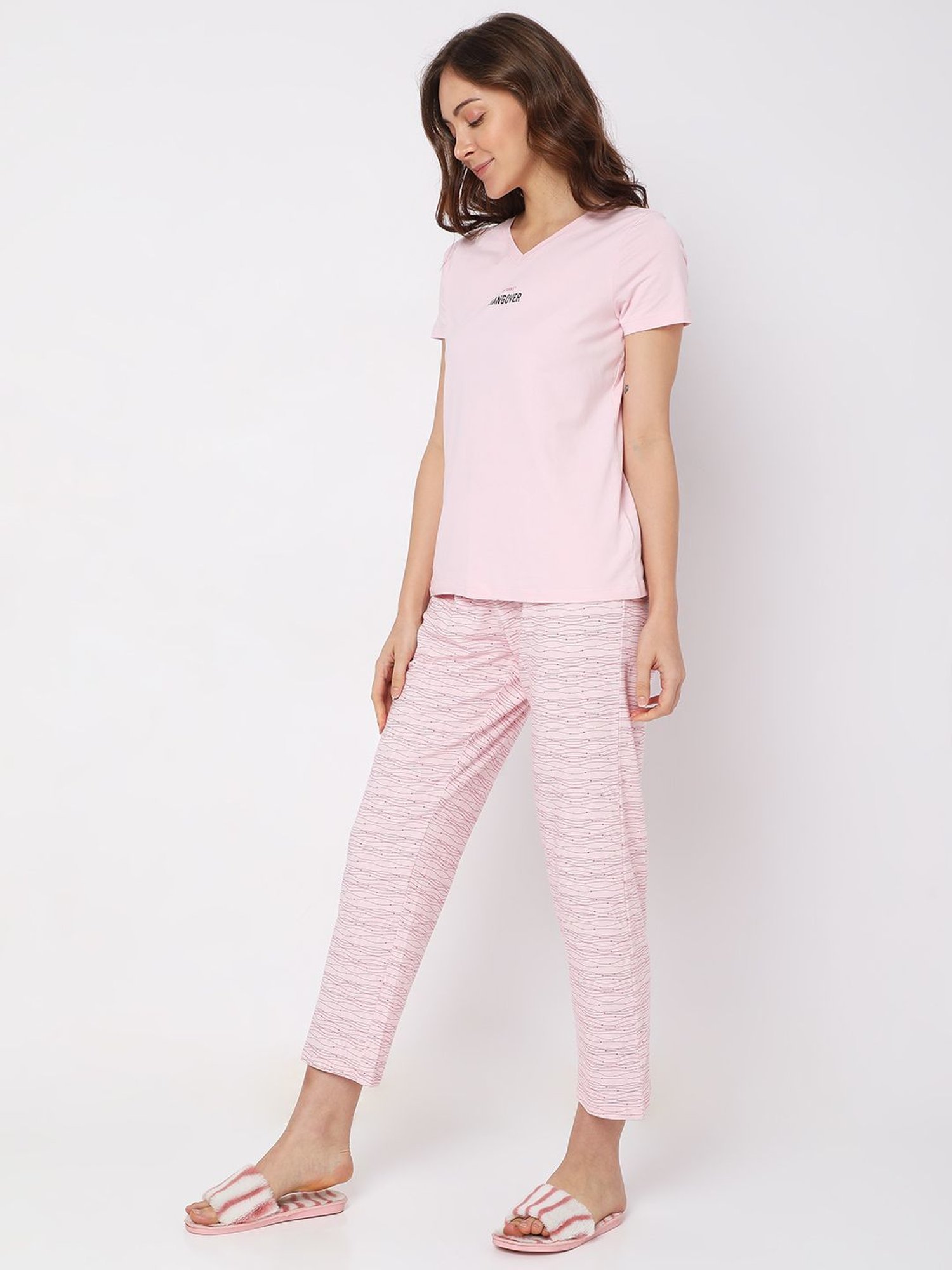 Vero Moda Intimates Pink Cotton Graphic Print T-Shirt With Pyjamas