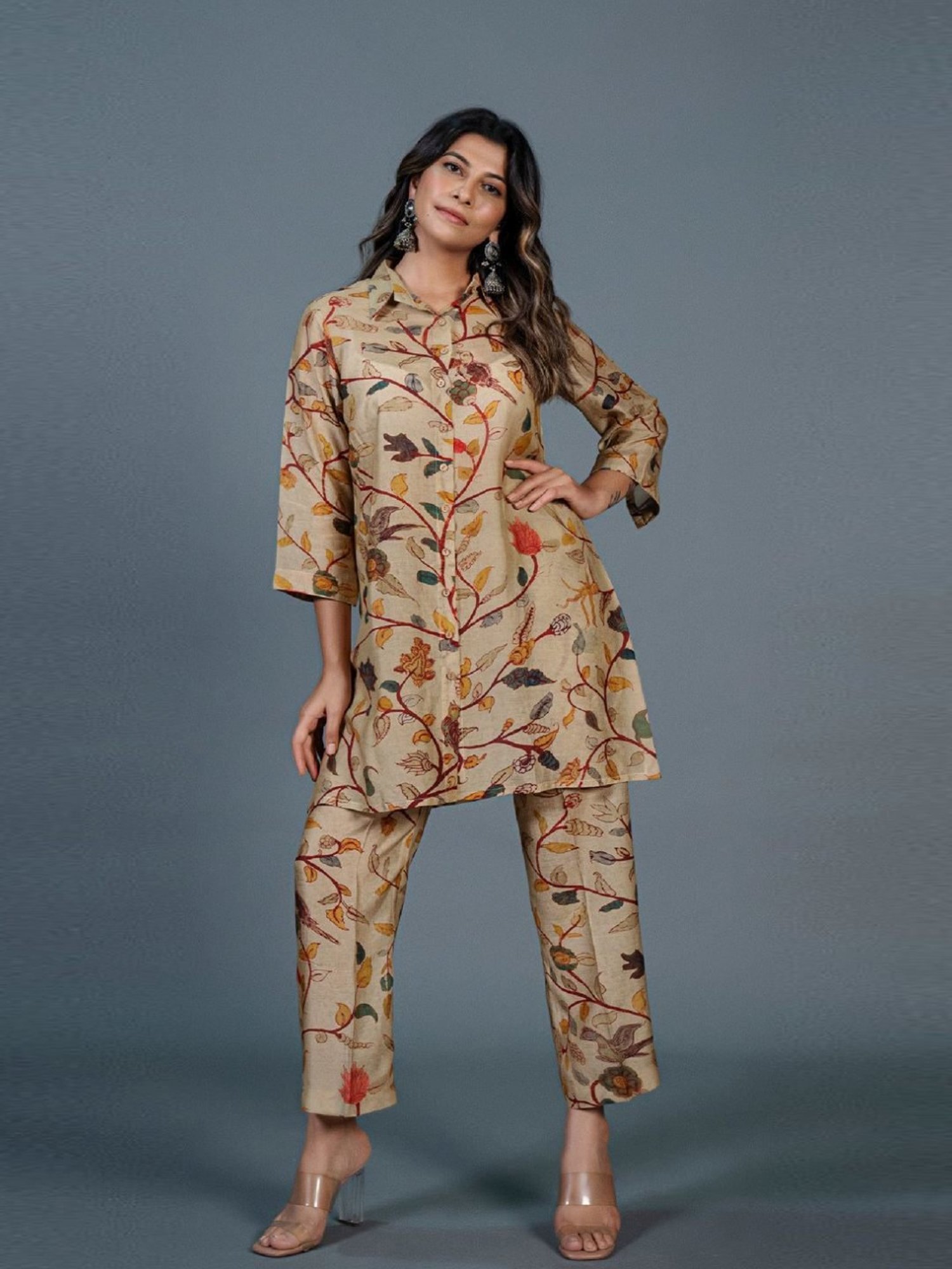 Eeshva India Beige Kalamkari Printed Co-Ord Set