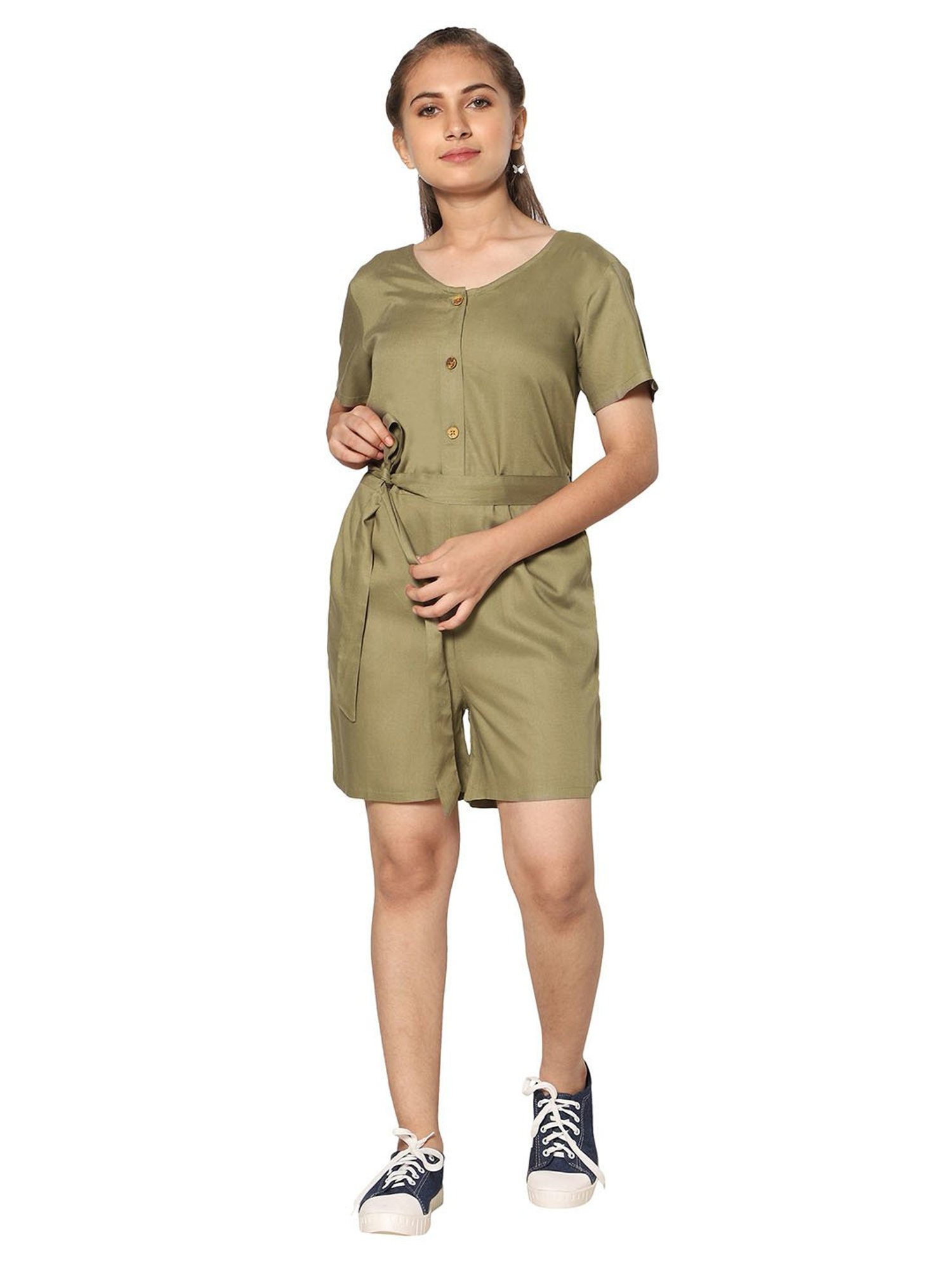 TeenTrums Girls Olive Solid Playsuit