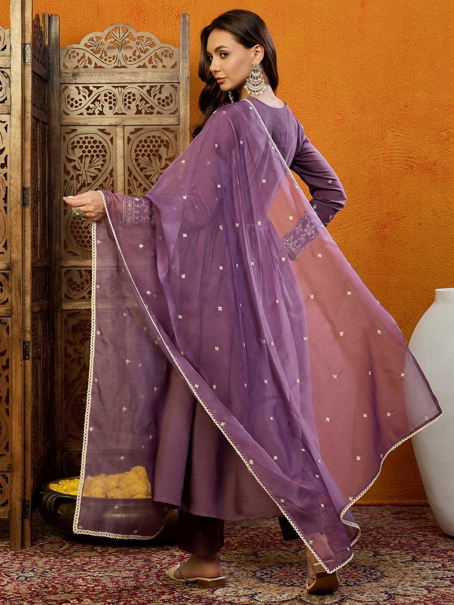 Vaamsi Purple Embroidered A-Line Dress With Dupatta