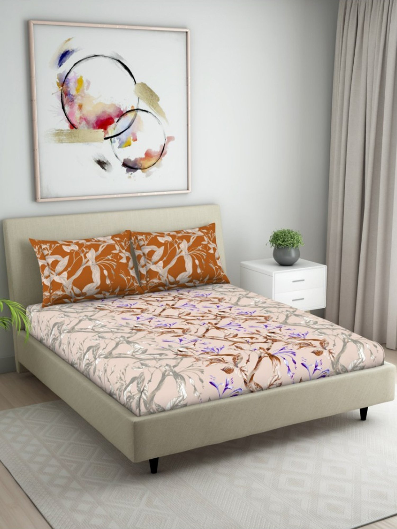 Welspun Brown 144 TC Cotton Queen Bed Sheet with 2 Pillow Covers