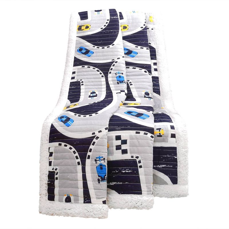 50"x60" Full/Queen Sherpa Car Track Throw Blanket Navy - Lush Décor