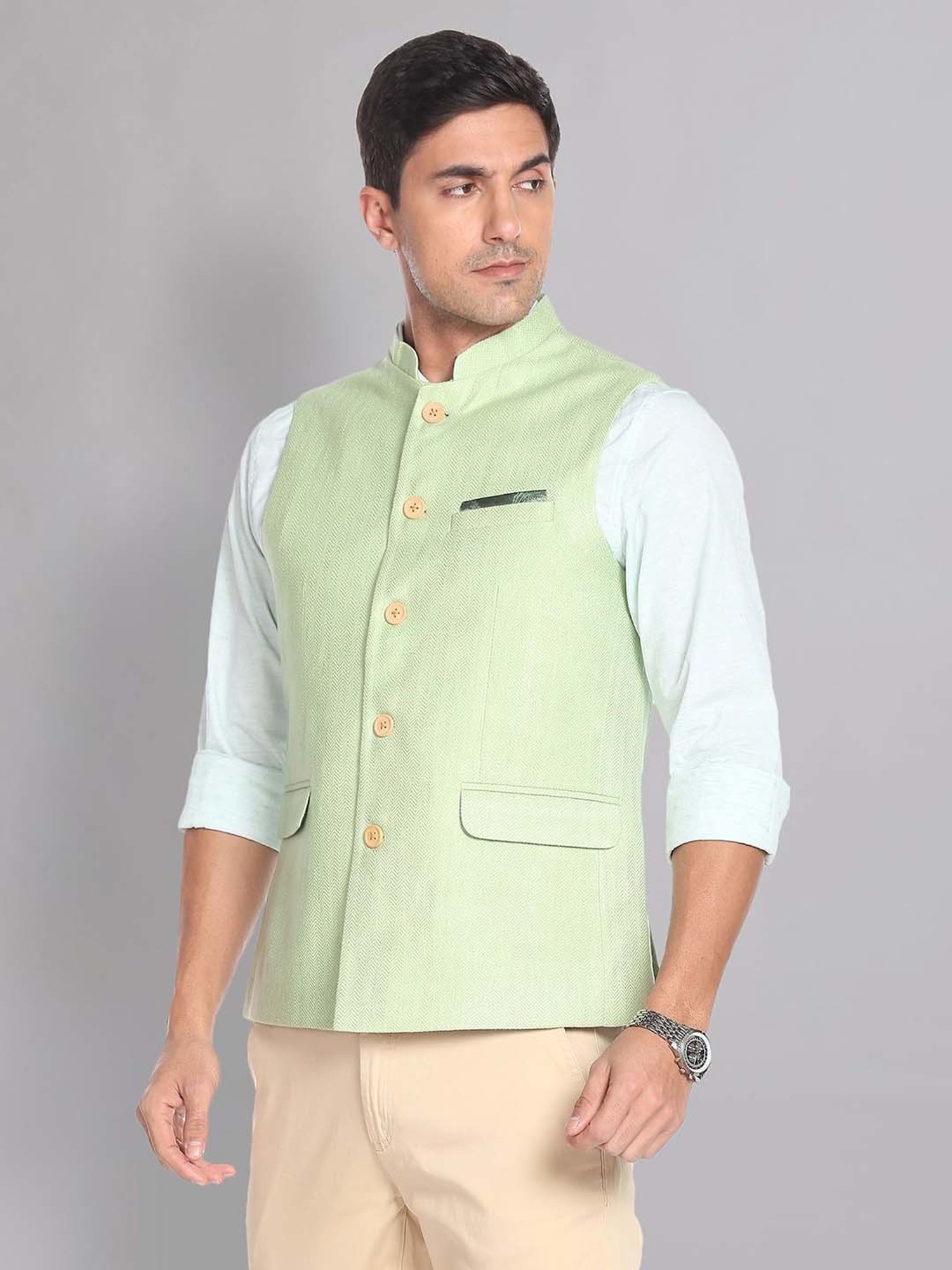 AD by Arvind Green Mandarin Collar Self Design Nehru Jacket