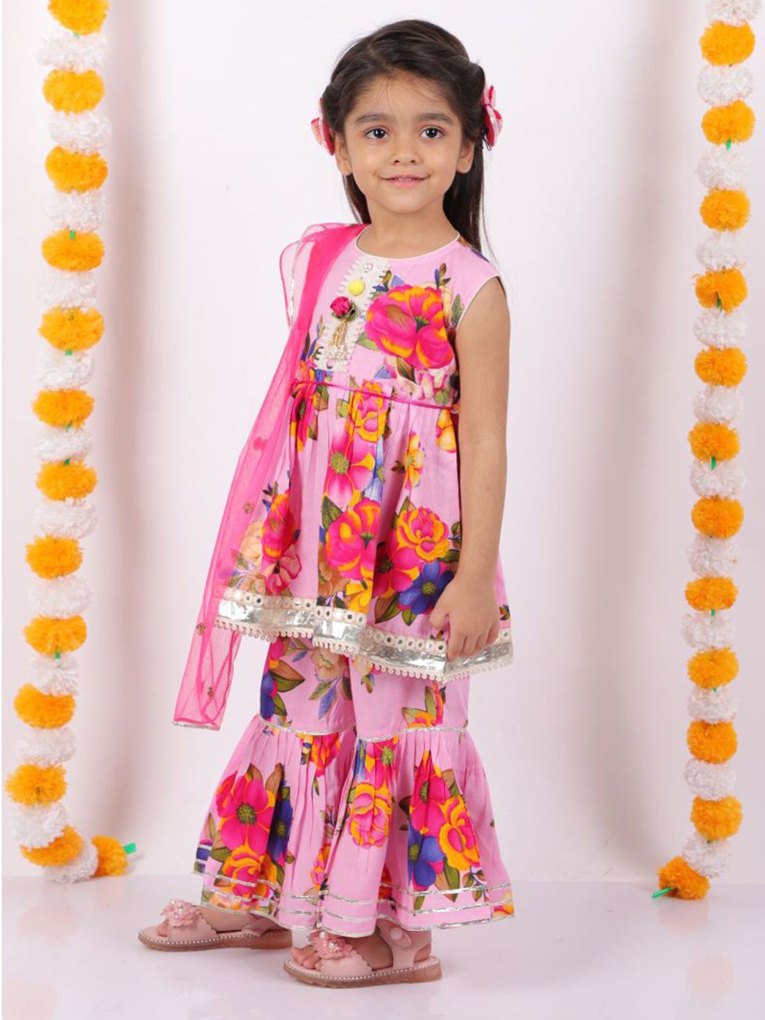 Little Bansi Kids Pink Cotton Printed Suit Set