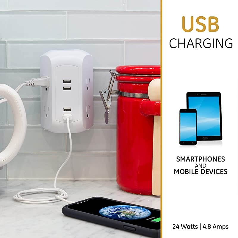 UltraPro 4-Outlet Sur Protector with 4 USB Ports, 2 Pack, Spaced Wall Tap, Side-Access, Charging Station, for iPhone/iPad/Samsung Galaxy/Google Pixel, 560 Joules, UL Listed, White, 50036