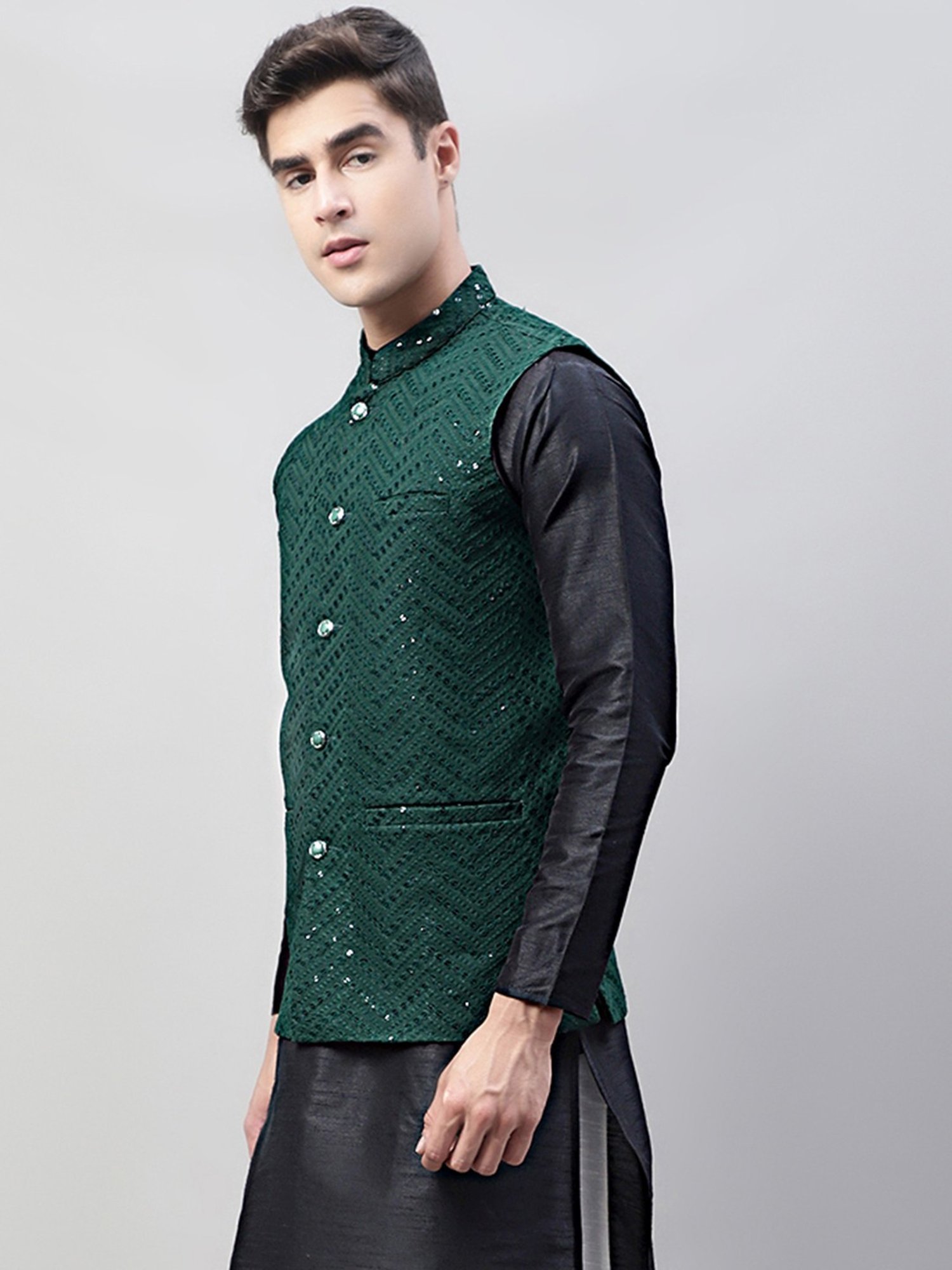 Jompers Olive Regular Fit Embroidered Nehru Jacket