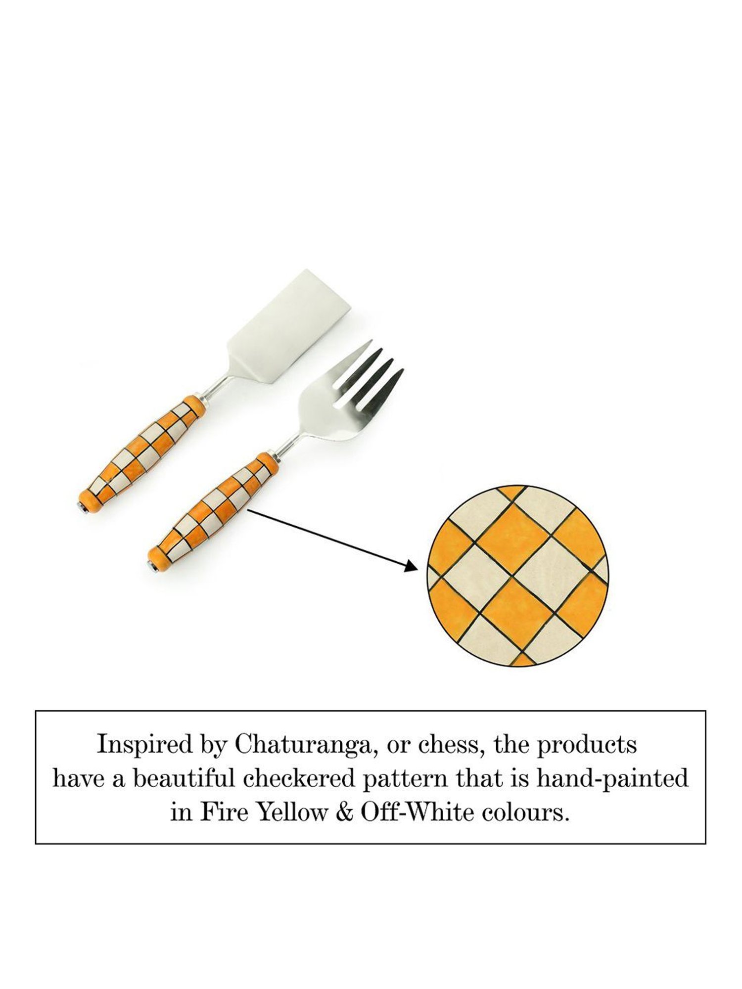 ExclusiveLane 'Shatranj Check' Hand-Painted Serving Fork & Scraper Cutlery Set (Set of 2)