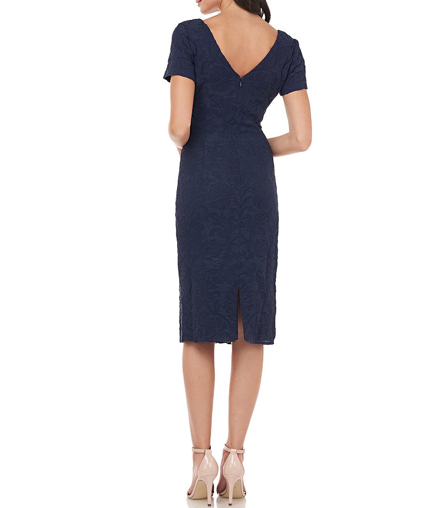 Marina Sequin Lace Round Neck 3/4 Sleeve Sheath Dress