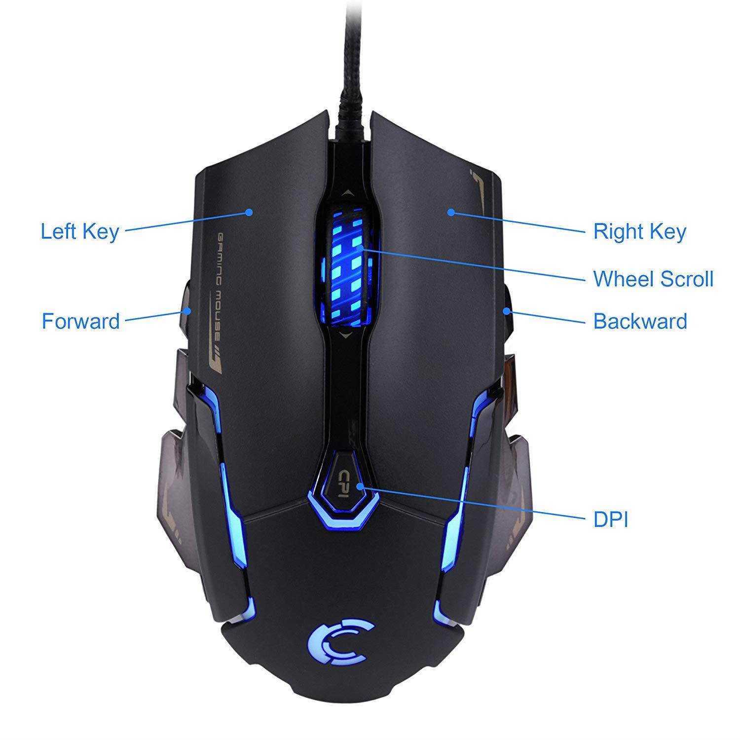 Comanro DM004 LED Rainbow Breathing Color 6 Buttons USB Wired Gaming Mouse for Pro Gamers with Micro Switch(DPI 500/1500/2000/3500)