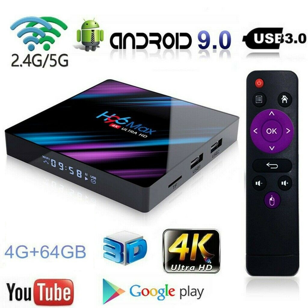 UKCOCO Android 9.0 Smart TV Box, 4GB 64GB Media Player Quad Core USB3.0 2.4G/5G/WIFI/3D/4K/HD Set-top Box Media Player Black
