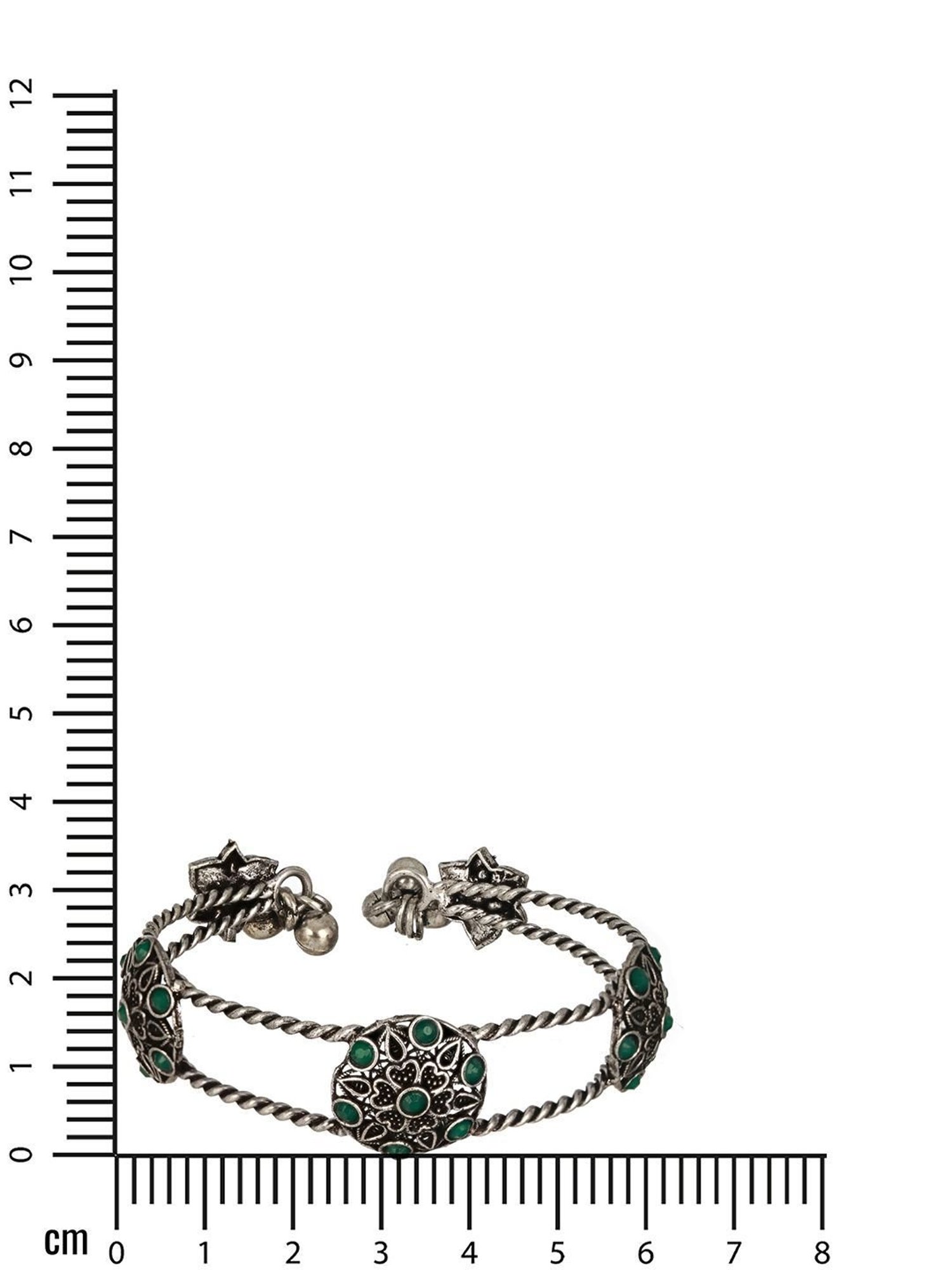 Aatmana Silver-Plated Green Stone-Studded Oxidized Handcrafted Cuff Style Bracelet