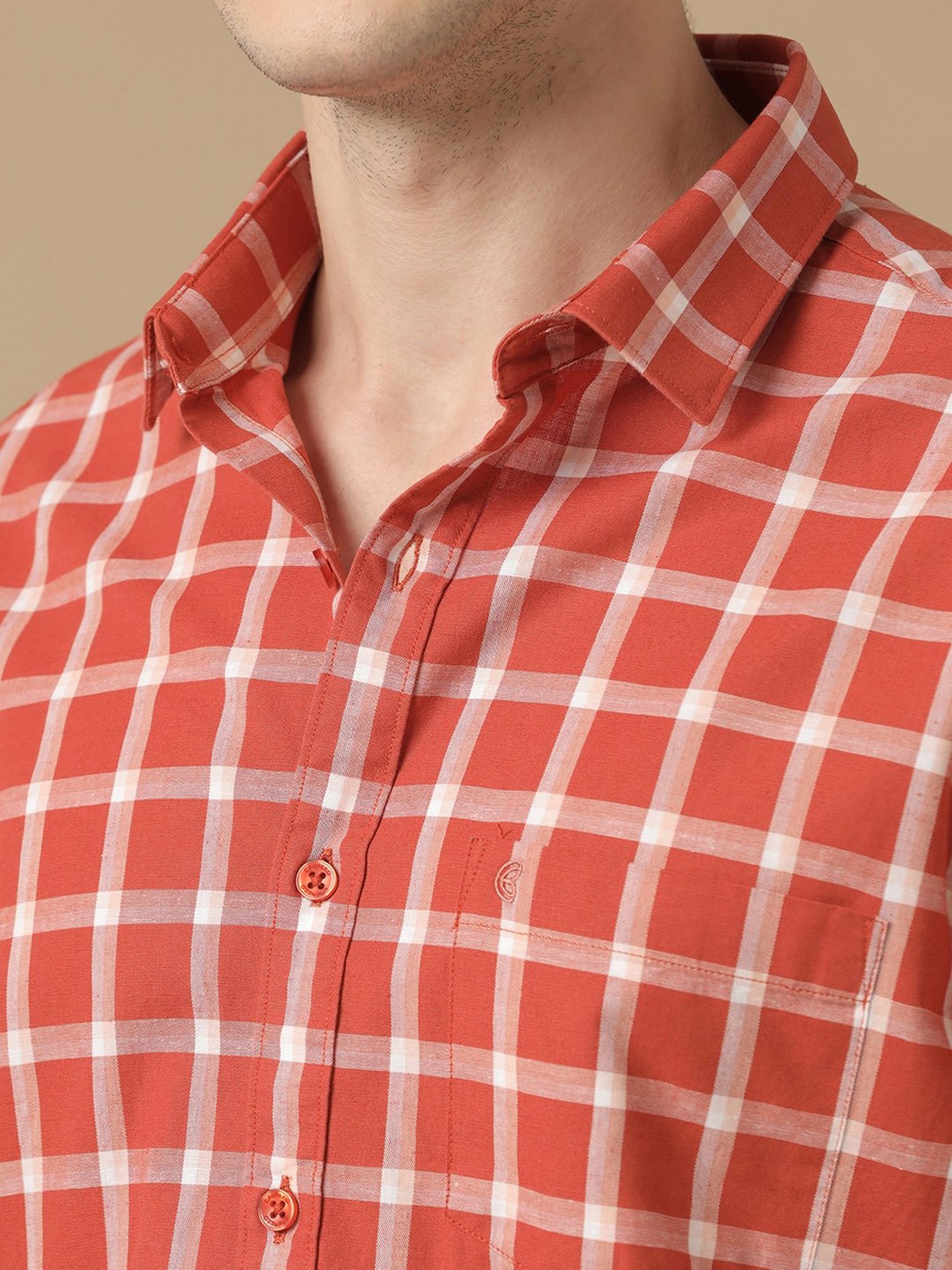 CAVALLO by Linen Club Orange Contemporary Fit Check Shirt